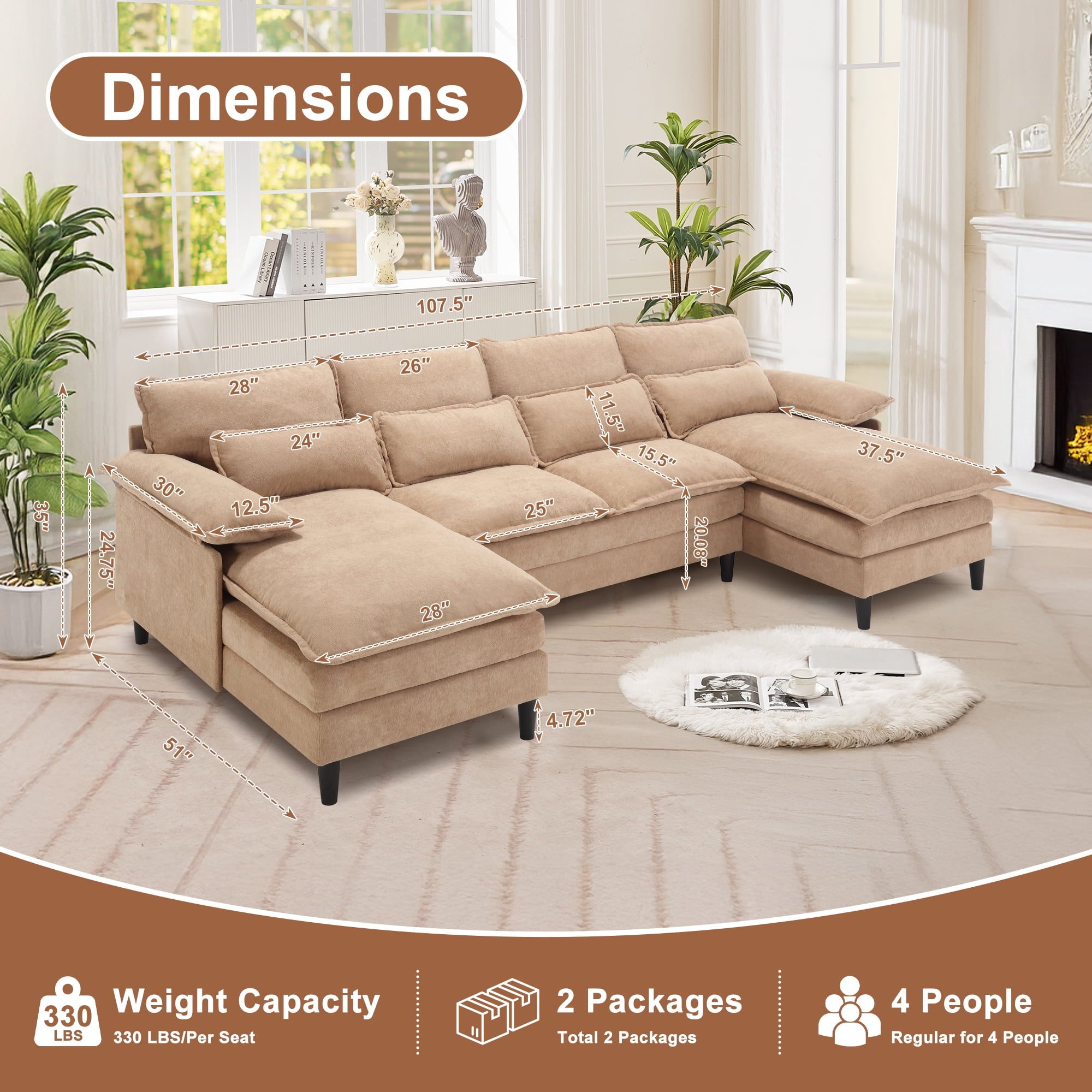 JONPONY109.45 U Shaped Couch,Oversized 4 Seat Sectional with 4 Waist Pillows, Convertible Upholstery Symmetrical Sofá,Sleeper Sofa Couch with Double Chaise Lounge &Memory Foam for Living Room, Beige