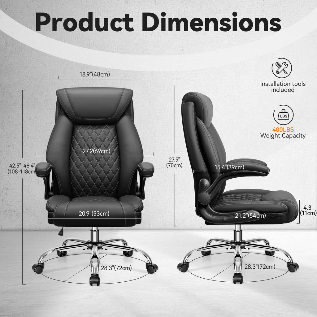 FASTES Ergonomic Office Chair, Big and Tall Leather Desk Chair with Footrest and Lumbar Support, 2-Position Reclining Executive Computer Chair, Black