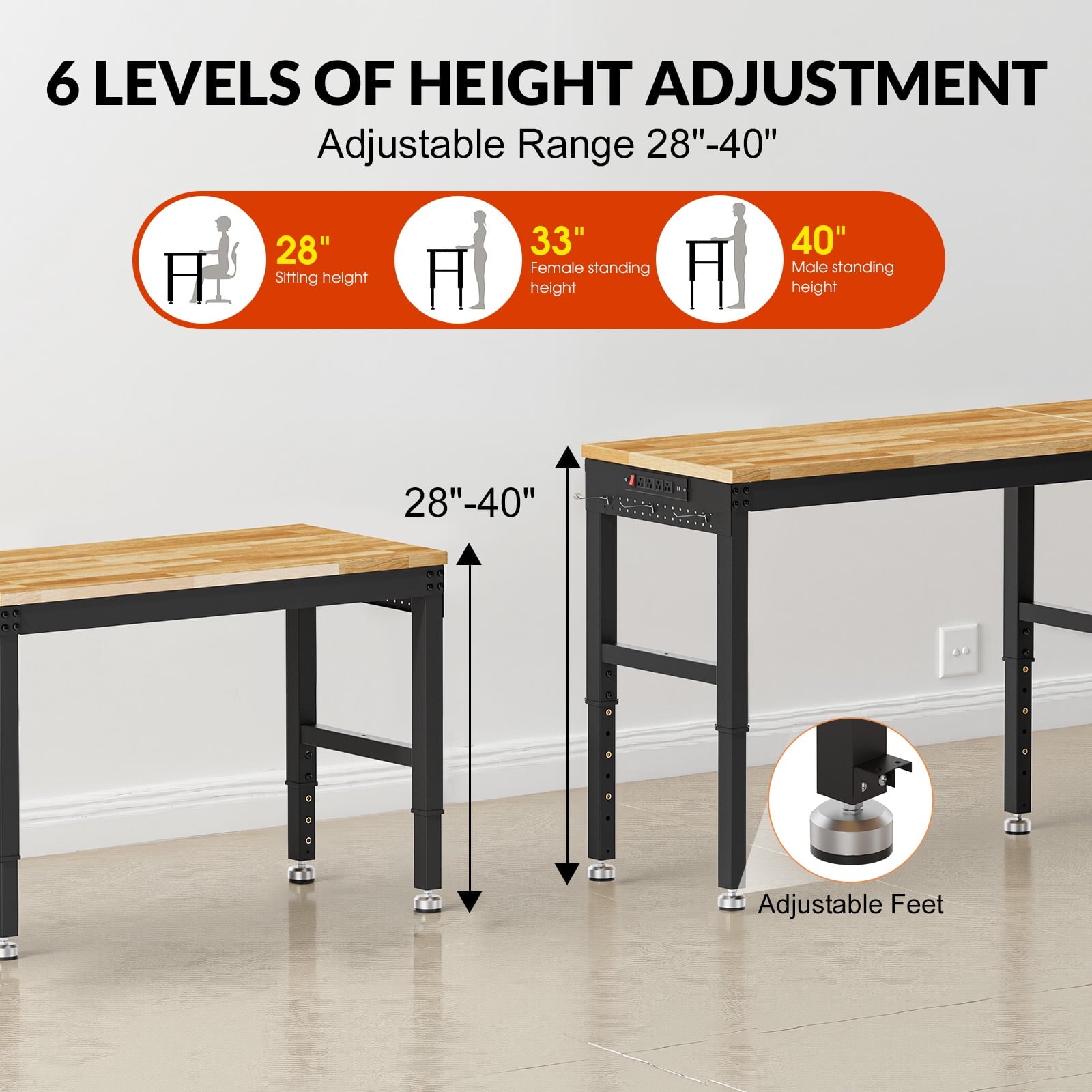 MUWOOD 96-inch Adjustable Height Workbench with Adjustable Height, Wood Worktop, 5000 LBS Load Capacity for Garage, Workshop
