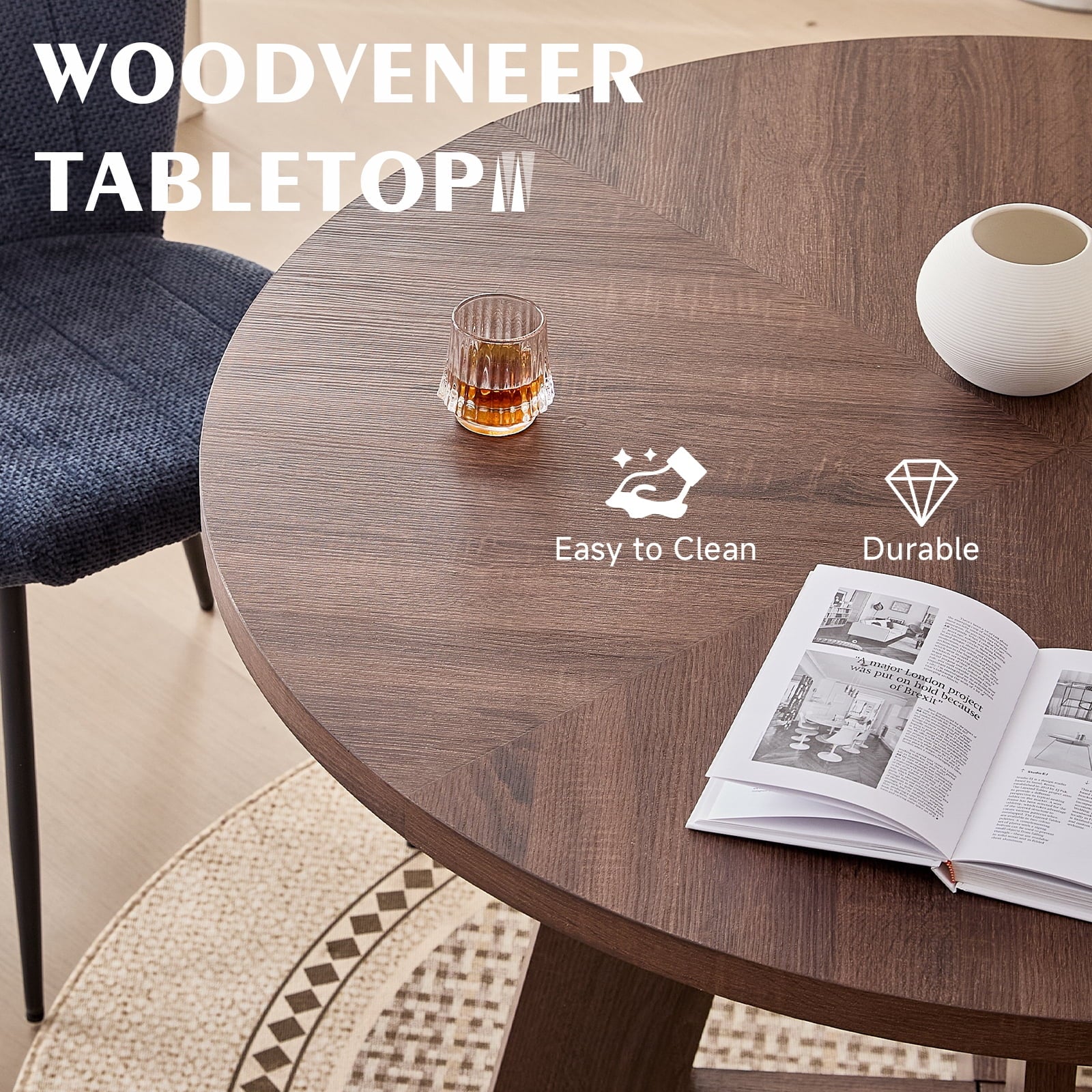 5 Piece 47'' Round Dining Table Chairs Set for 4, Farmhouse Oak Kitchen Table with 4 Boucle Mid Century Modern Dinning Room Chairs, Wood Dinner Table &Upholstered Chair Set of 4, Beige