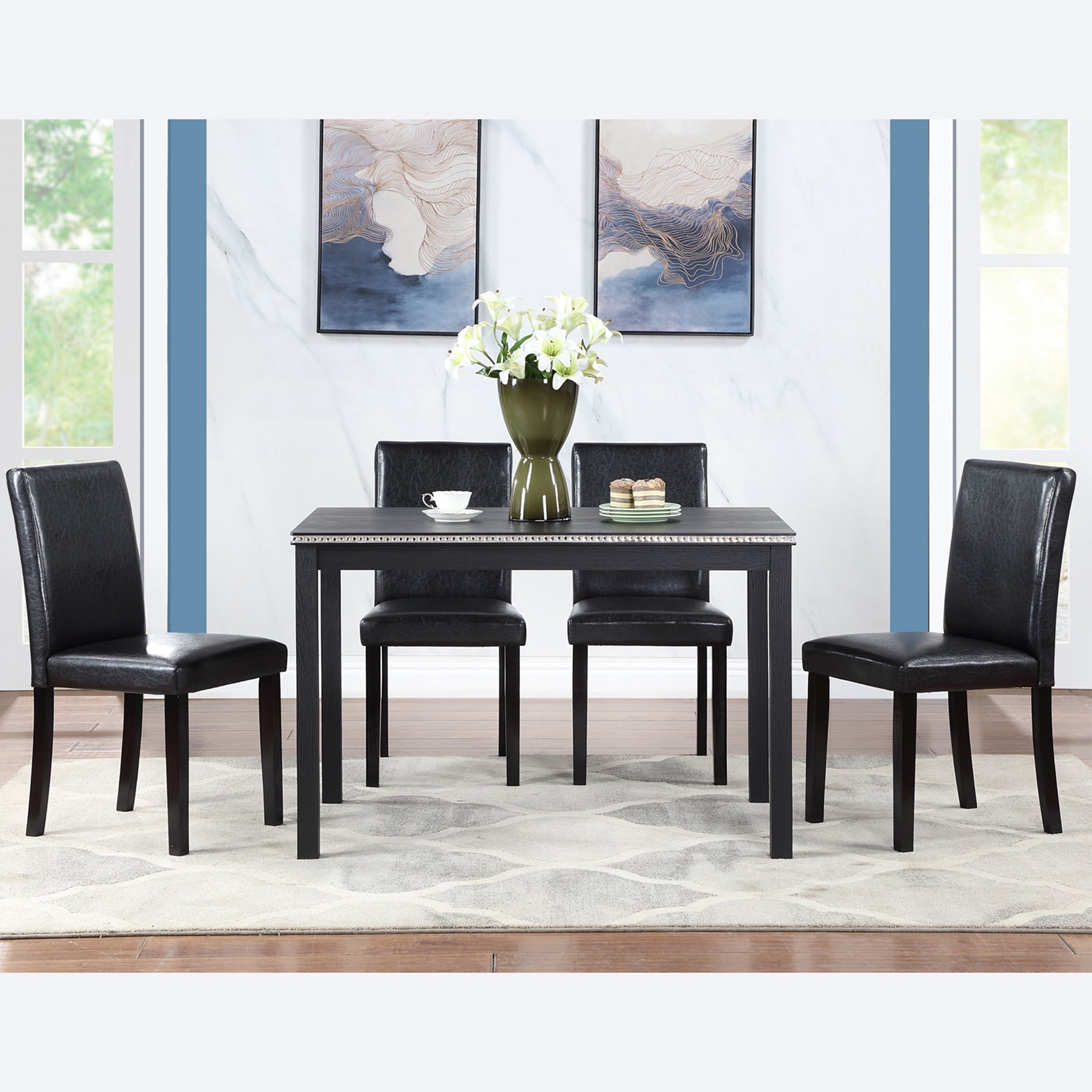 UHOMEPRO 5 Piece Dining Table Set, Modern Dining Table Sets with Rectangular Table and 4 Fabric Upholstered Chairs, Dining Set for Kitchen and Dining Room, White