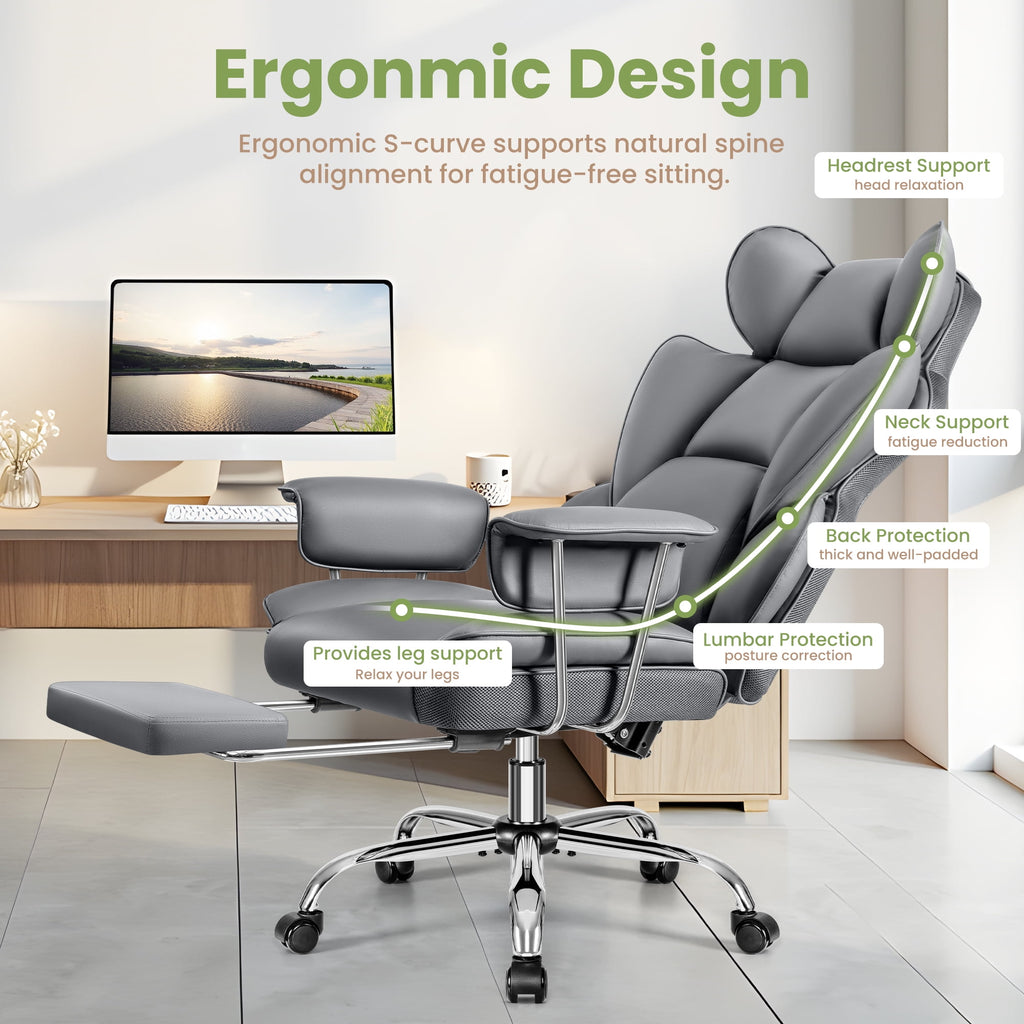 ATHOPE Executive Leather Office Chair 500lbs, Big and Tall Desk Chair with Footrest, High Back Ergonomic Reclining Computer Chair, High-Density Foam, Heavy Duty Swivel Rolling Chair, Black