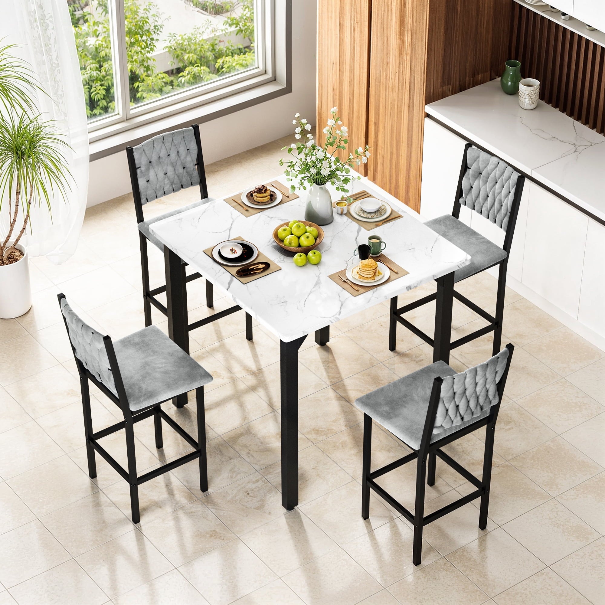 MIERES 5 Piece Dining Table Set High Top Dining Table Set for 4 Counter Height Small Kitchen Table With 4 Velvet Upholstered Chairs, Wood Small Dining Set for Bar Dining Room Breakfast
