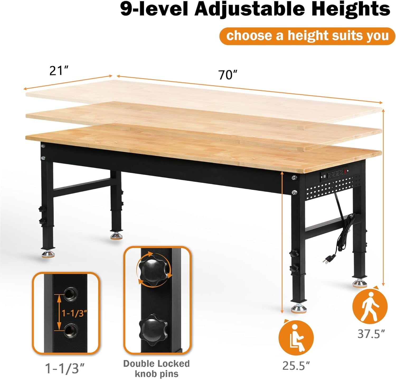 Tolead 60 Heavy-Duty Adjustable Workbench with Power Outlets, Rubber Wood Shop Table, Metal Wheels, Workstation