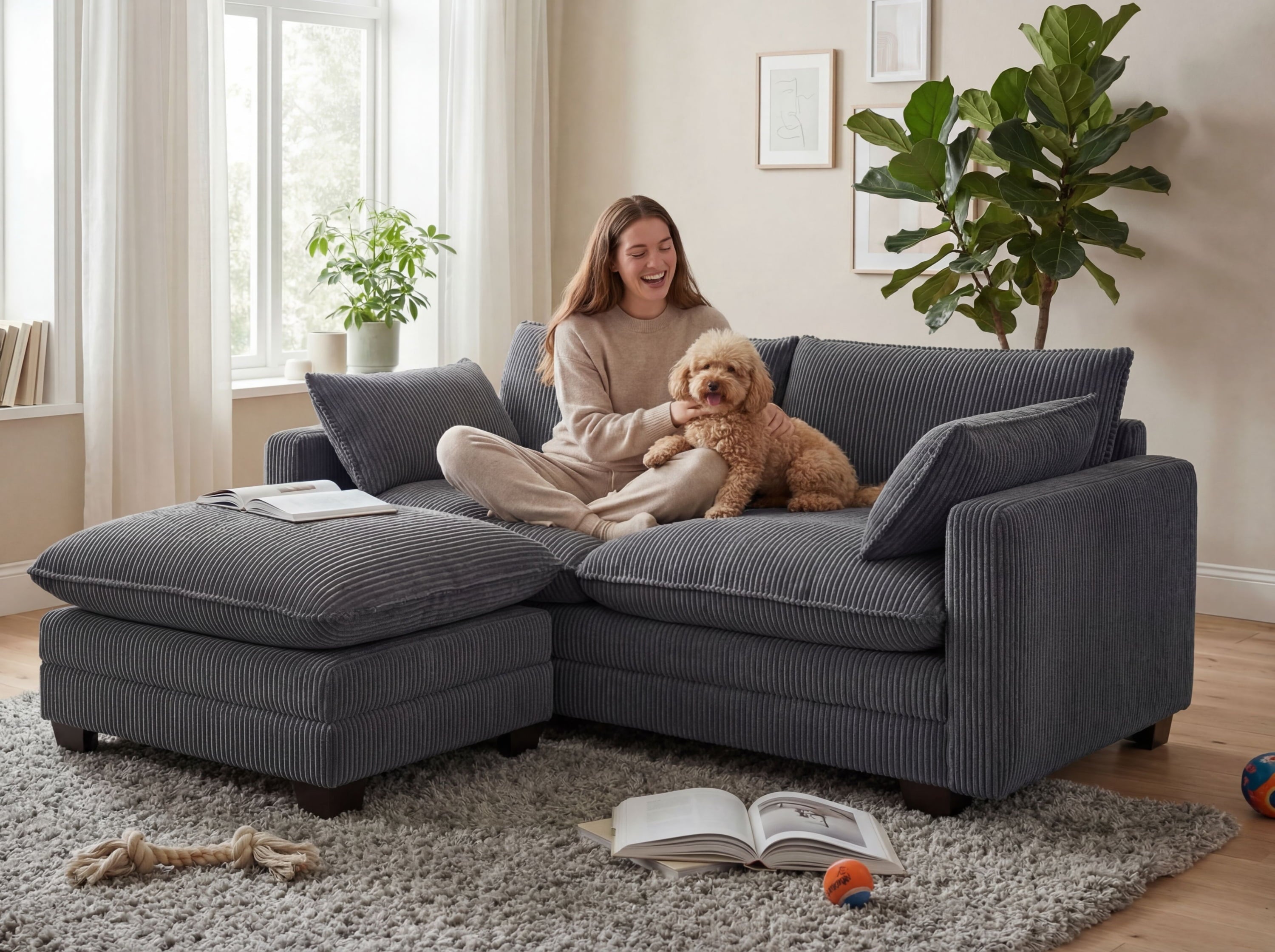 75’’ Cloud Couches for Living Room, Noelse L Shaped Modular Sofa with Deep Seats, 2 Seater Love Seat Couch with Removable Washable Corduroy Fabric for Living Room Bedroom and Apartment, Gray
