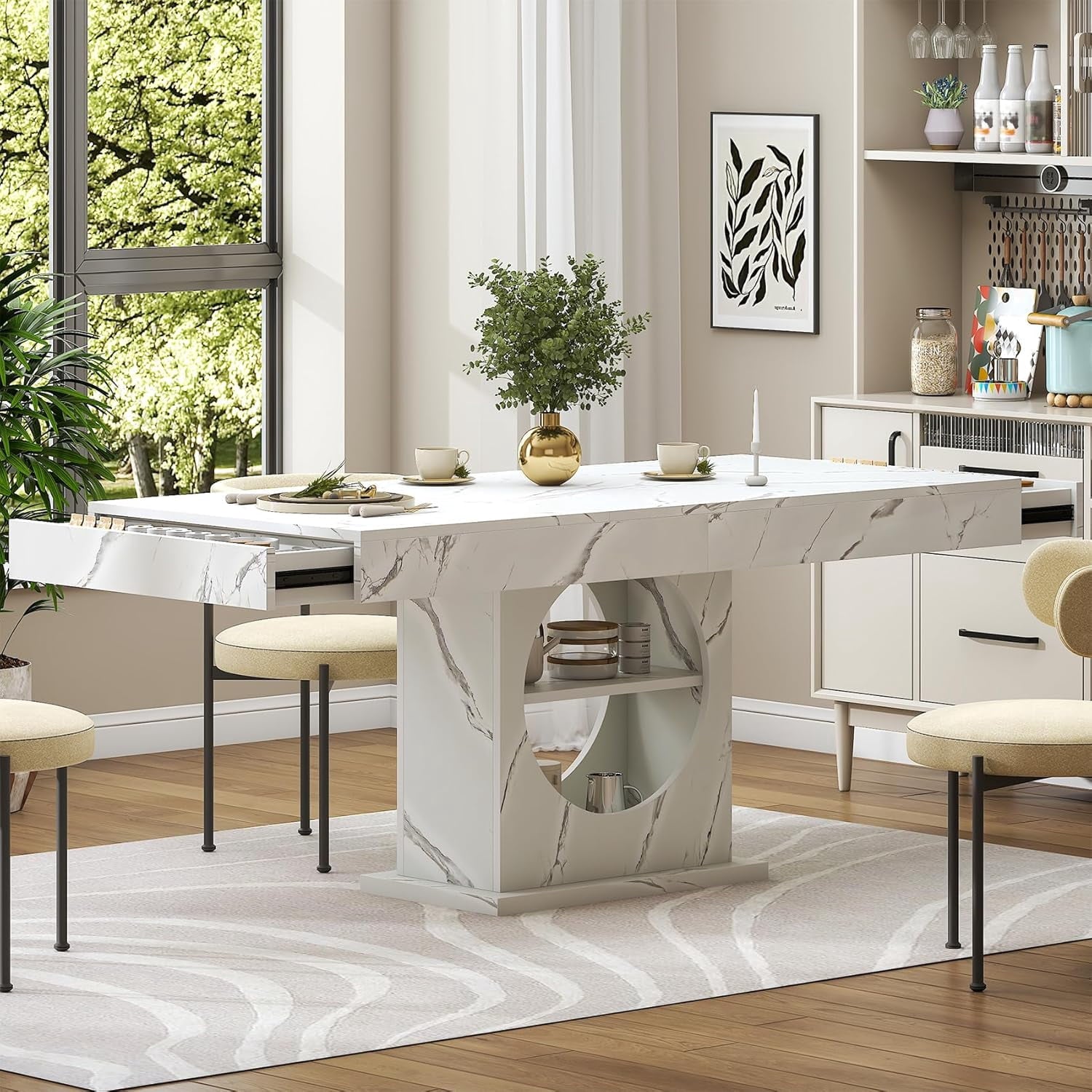 HAUXITIO 55 Inch Dining Table with LED Lights & 2 Drawers,Wooden Pedestal Base Table for 4-6 People,for Kitchen & Dining Room,White& Rustic Brown