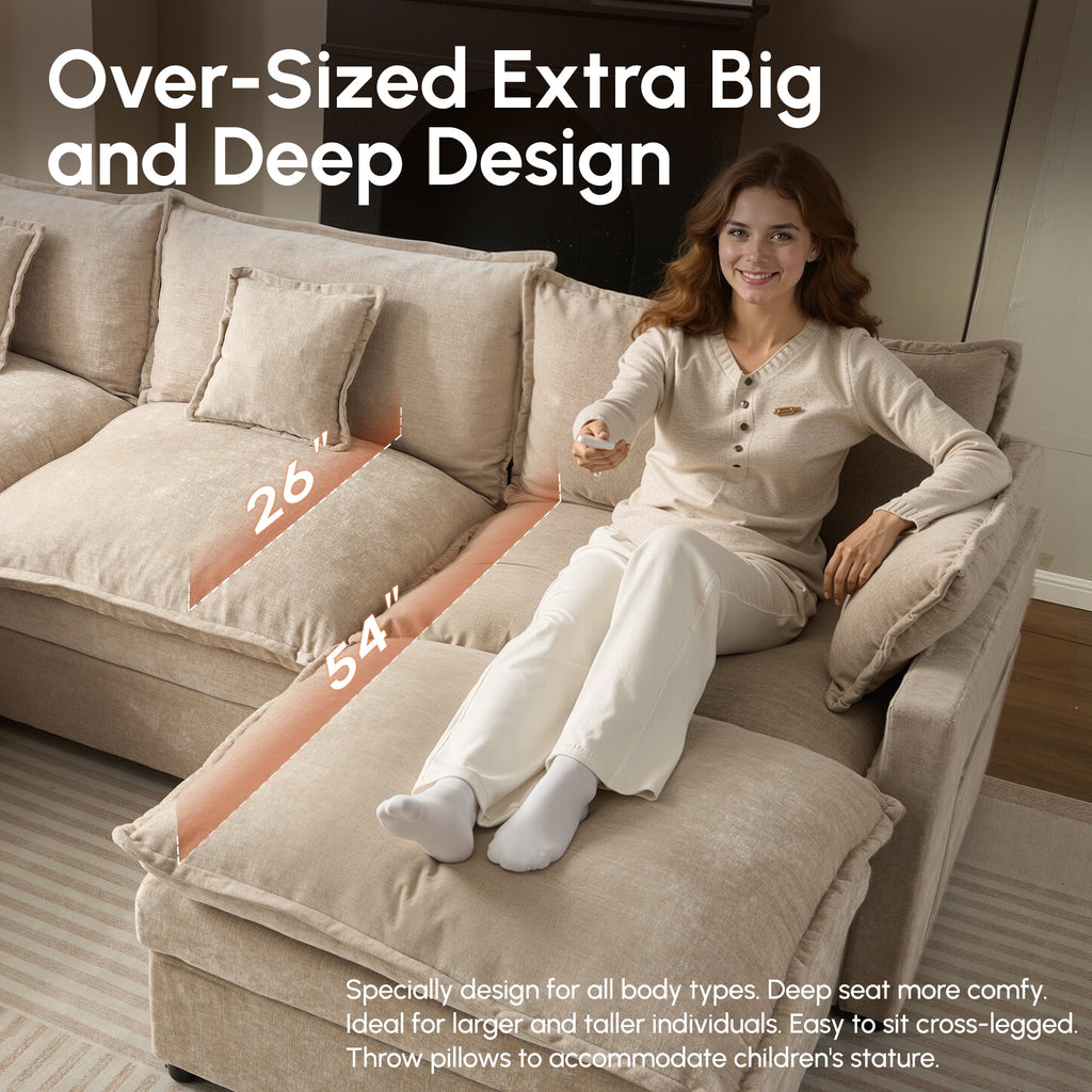 Ovios 108 Modular Sectional Sofa U-Shaped Cloud Couch with 2 Ottomans, Comfy Living Room Furniture, Chenille, Camel