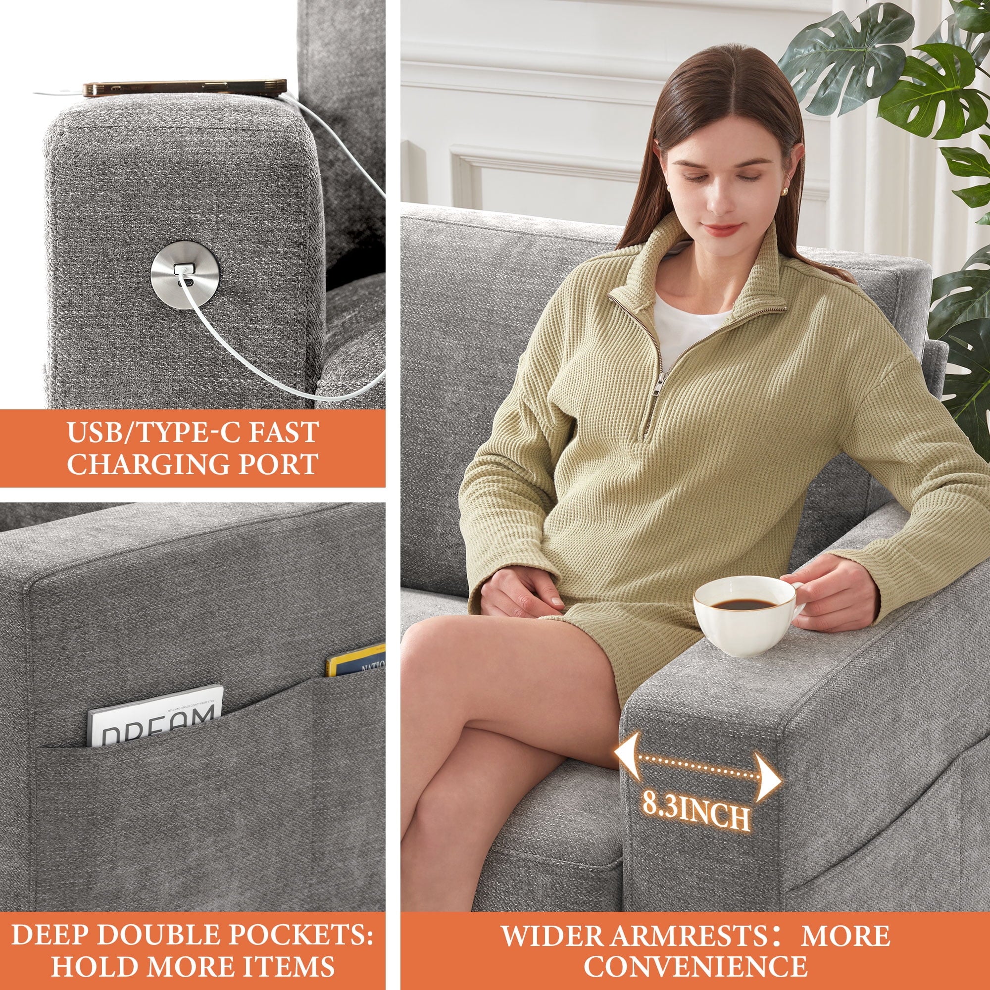 Bedluxury 89 Deep Sofa Couch with USB/Type-C Charging, Storage Pocket & Wide Armrest, Removable Cover, Seats 3 Adults, Chenille Beige
