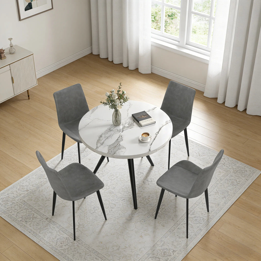 34.8 Round Dining Table Set for 4,5 Piece Mid-Century Modern Dining Set with 4 Upholstered Dining Chairs,Leisure Coffee Table for Kitchen Dining Room, Save Space