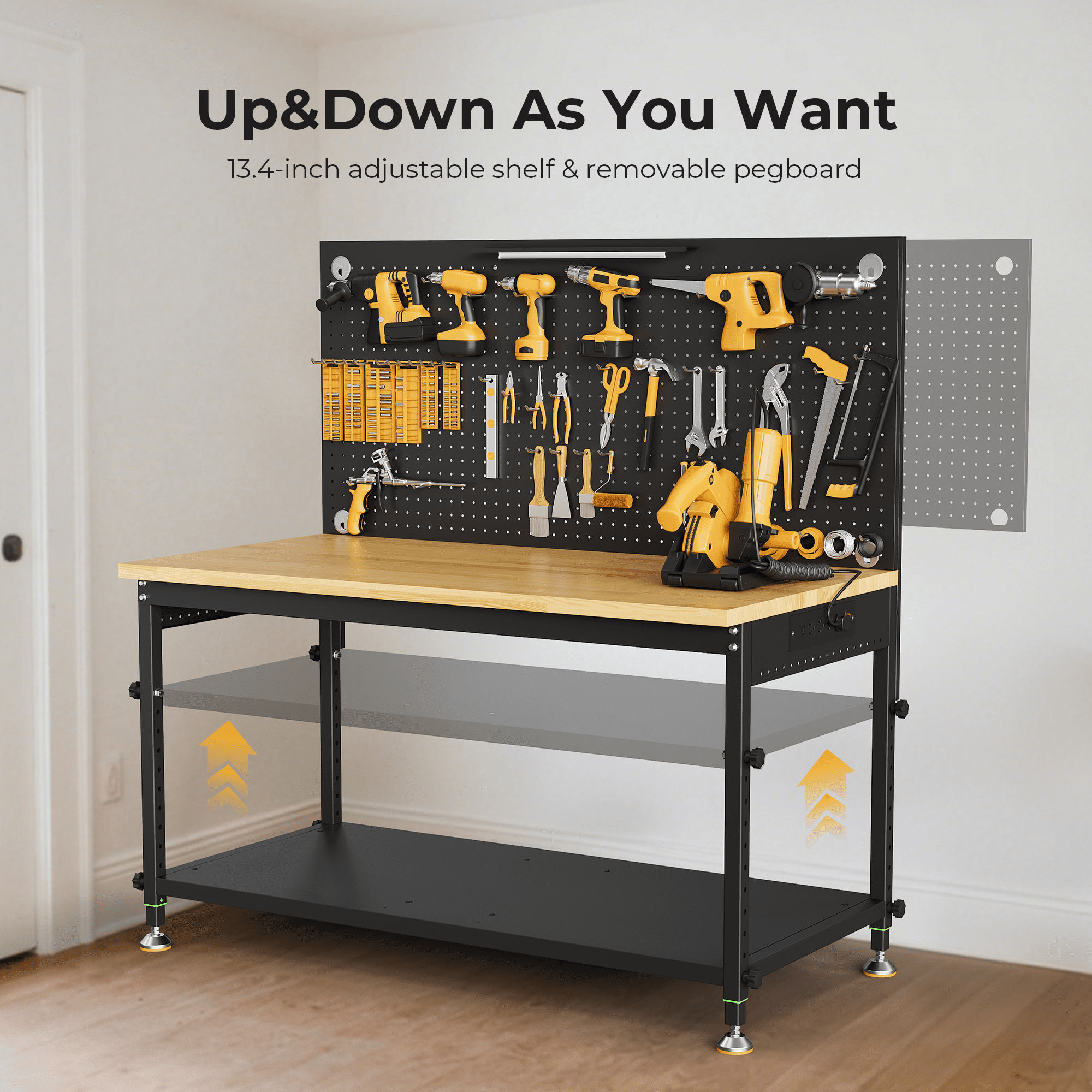 60 Multifunctional Heavy Duty Workbench for Garage with Pegboard,2000LBS Load,Adjustable Height,LED Light,Rubberwood Tabletop