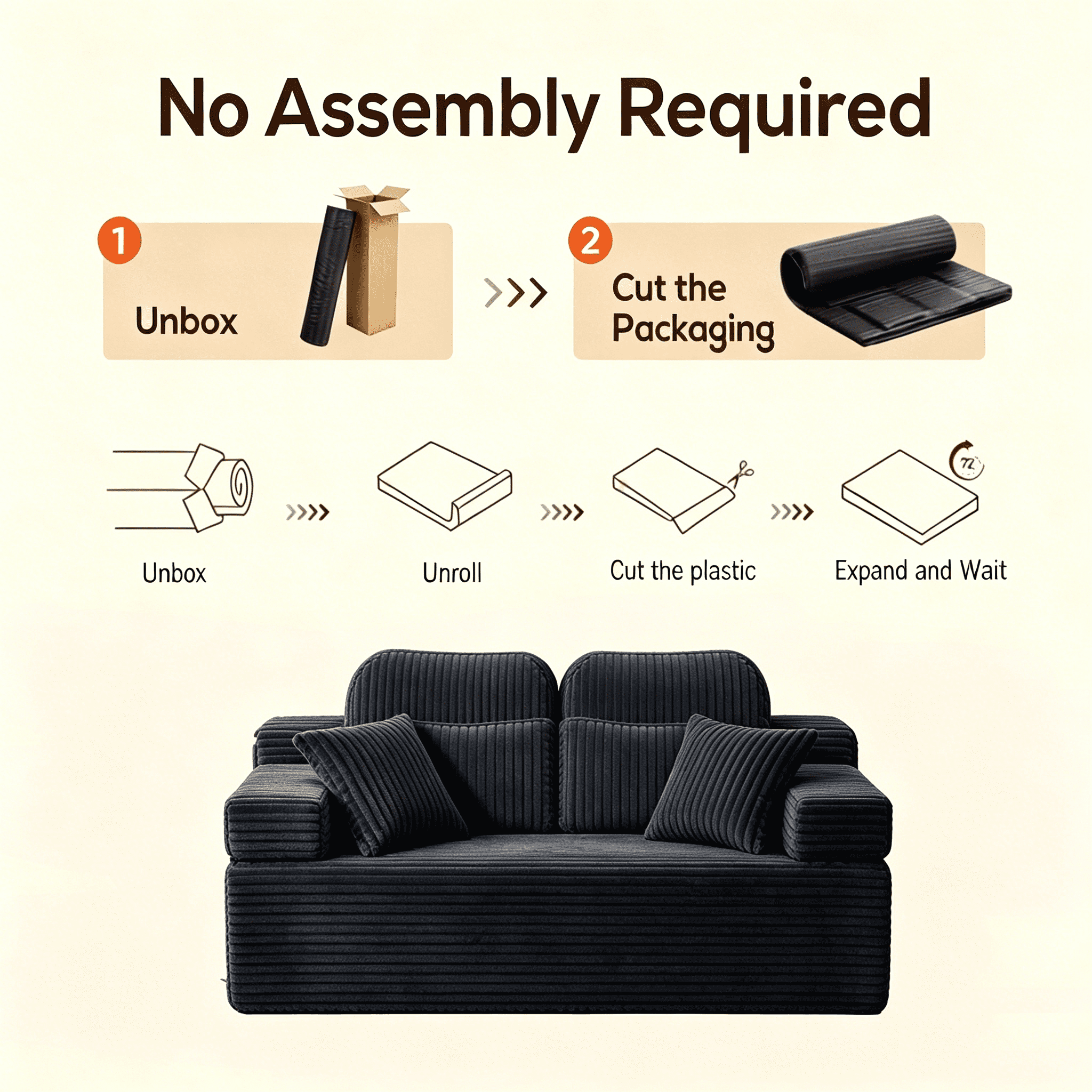 71 High Backrest Sofa for Small Spaces, Compressed Corduroy Couch with Deep Seating for Living Room, Bedroom, Dark Grey