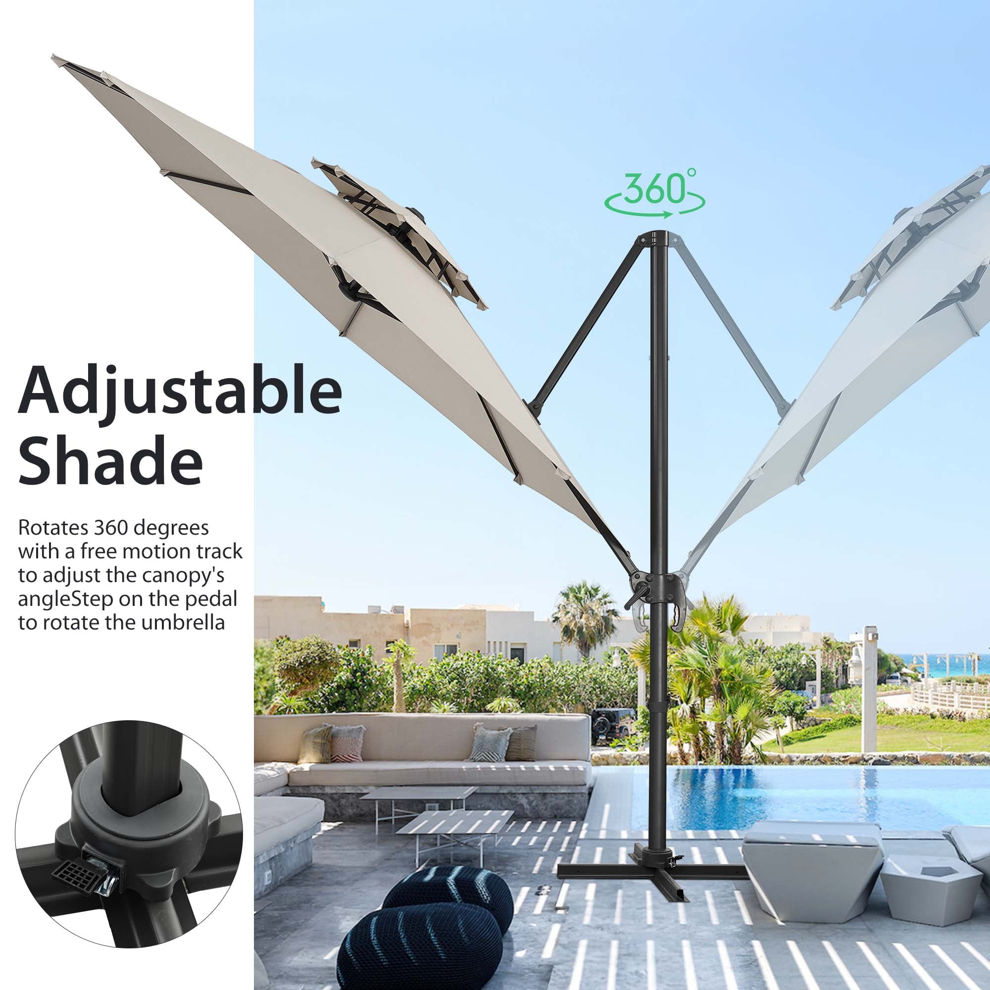 Ainfox 10ft Double Top Heavy-Duty Patio Cantilever Umbrella with lights and Cross Base, Outdoor Large Offset Hanging Aluminum Rotation Sun Shade Solar Umbrella with 360°Rotation Adjustable,Khaki