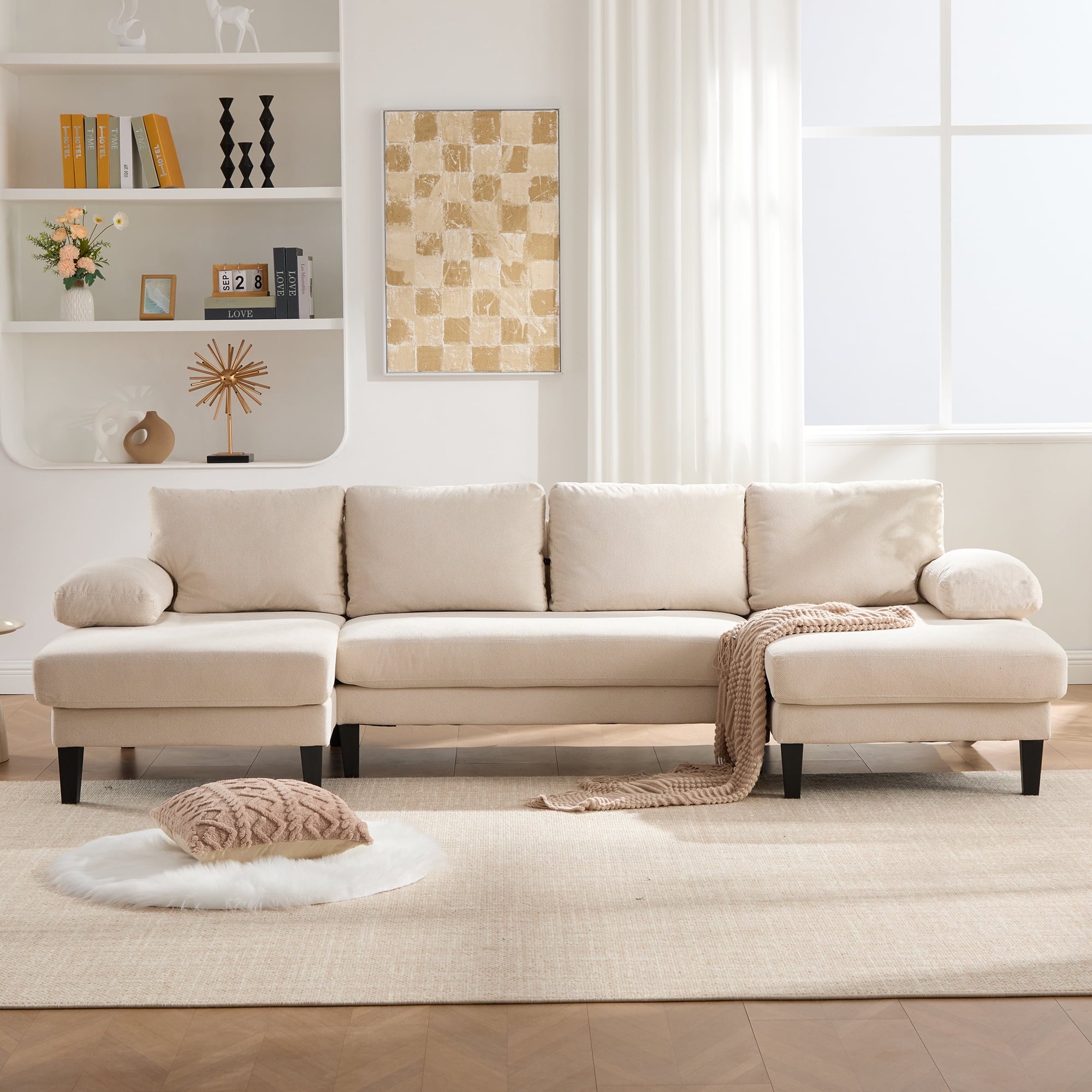 BINBANK L-Shaped Chenille Pull Out Sleeper and Storage Chaise Sectional Futon Sofa Bed with USB, Gray/Beige