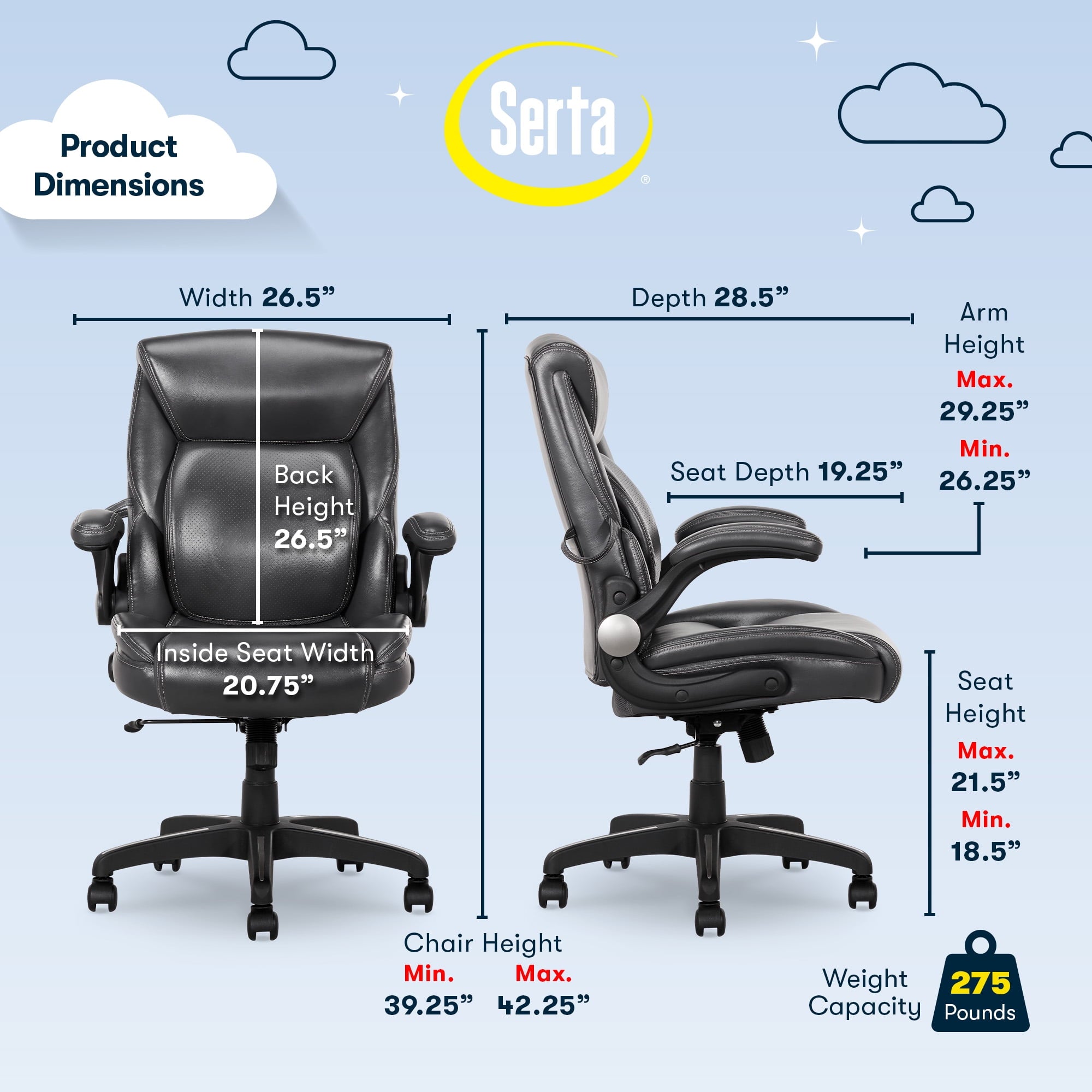 Serta Air Lumbar Bonded Leather Manager Office Chair, Gray Faux Leather