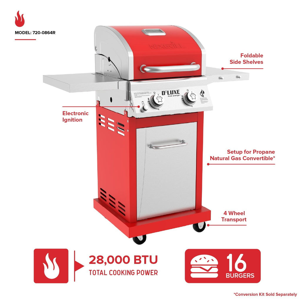 Nexgrill Deluxe 2-Burner Gas Grill with 401 SQ In Grate, 28000 BTUs, Stainless Steel Control Panel & Foldable Side Table, Propane BBQ Grill for Outdoor Cooking, Patios, Backyards and More -720-0864R