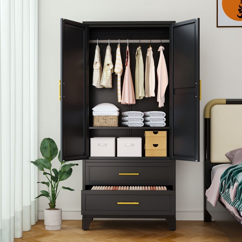 Ero Metal Freestanding Armoire Wardrobe Closet with Hanging Rod and Mirror