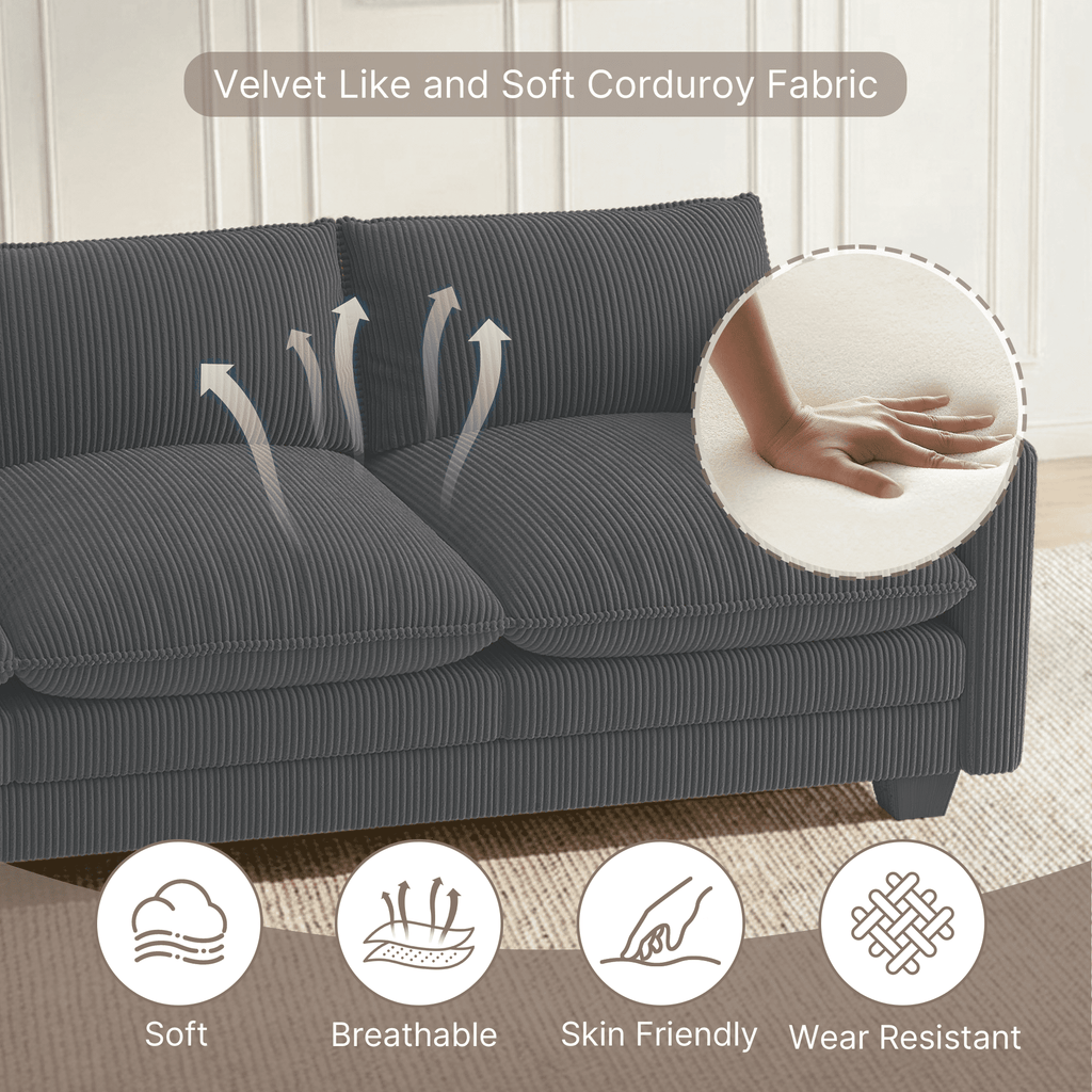 110'' Oversized L Shaped Couch for Living Room, Cloud Couches with Washable Corduroy Cover, Modern 4-Seater Comfy Deep-Seat Sofa with Movable Ottoman and 2 Throw Pillows for Apartment, Gray