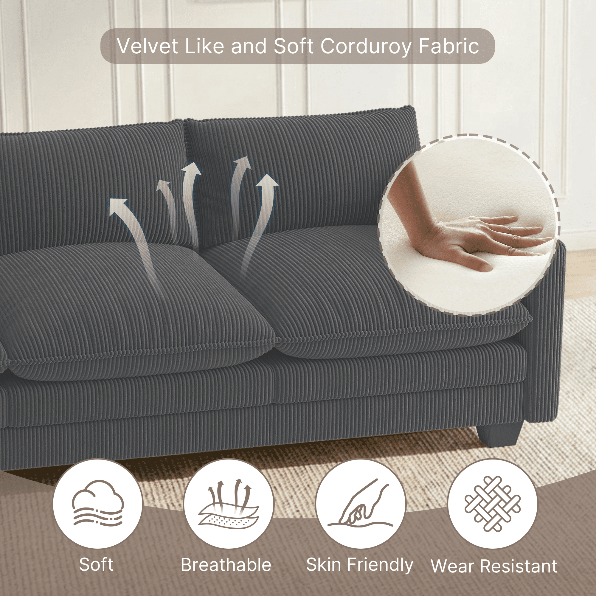 110'' Oversized L Shaped Couch for Living Room, Cloud Couches with Washable Corduroy Cover, Modern 4-Seater Comfy Deep-Seat Sofa with Movable Ottoman and 2 Throw Pillows for Apartment, Gray
