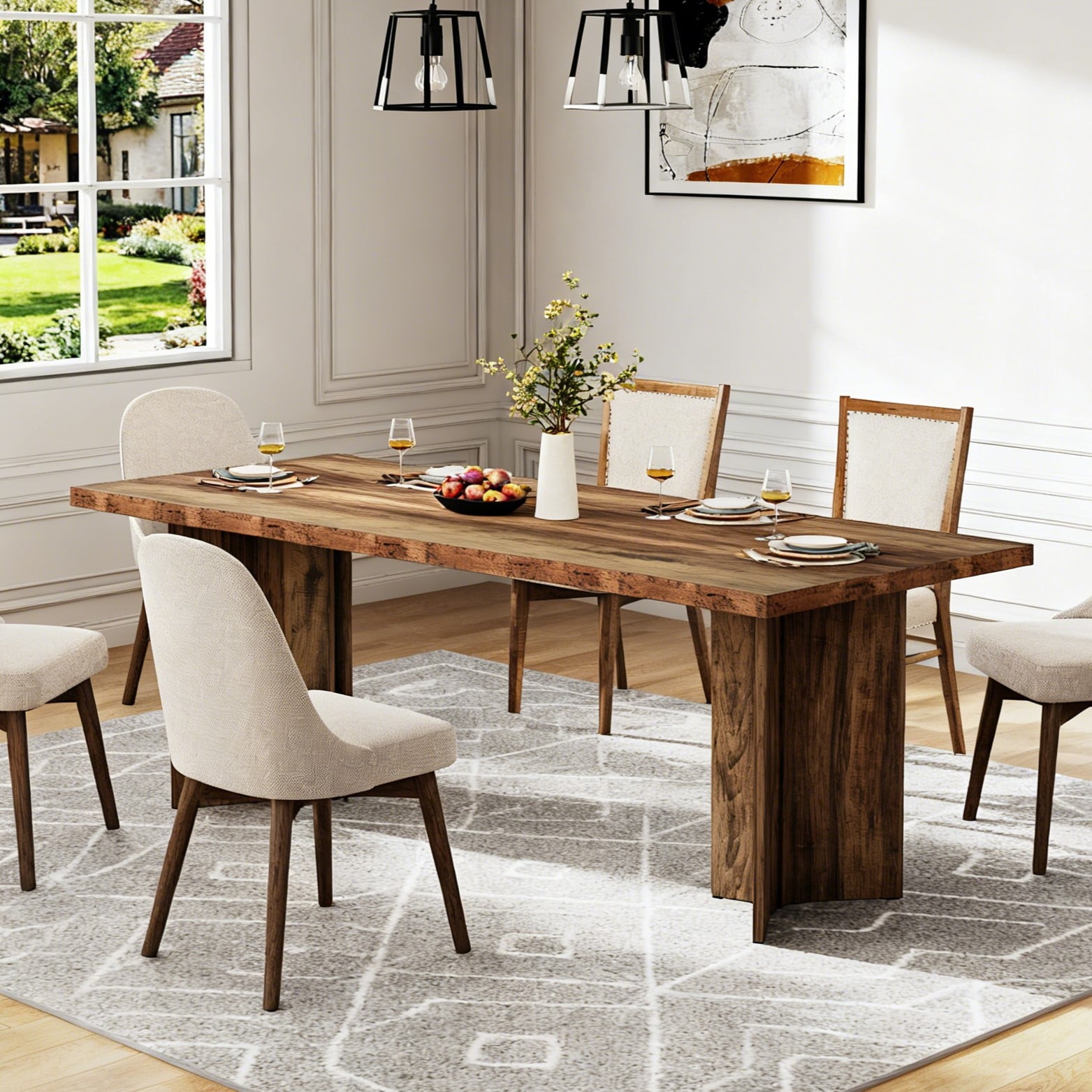 Fnova 63 Rectangular Modern Dining Table, Wooden Modern Kitchen Table for 6 People for Dining Room, Warm Brown (Chairs Not Included)