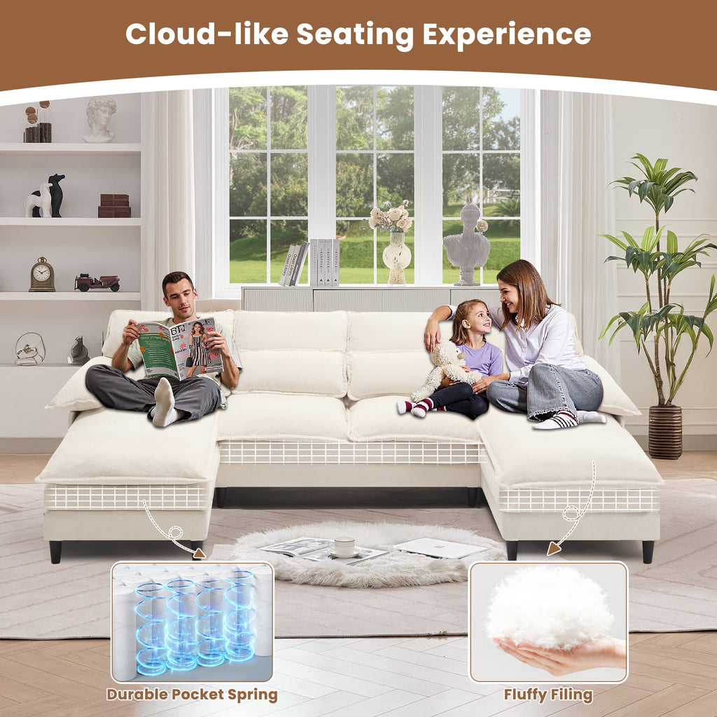 JONPONY109.45 U Shaped Couch,Oversized 4 Seat Sectional with 4 Waist Pillows, Convertible Upholstery Symmetrical Sofá,Sleeper Sofa Couch with Double Chaise Lounge &Memory Foam for Living Room, Beige