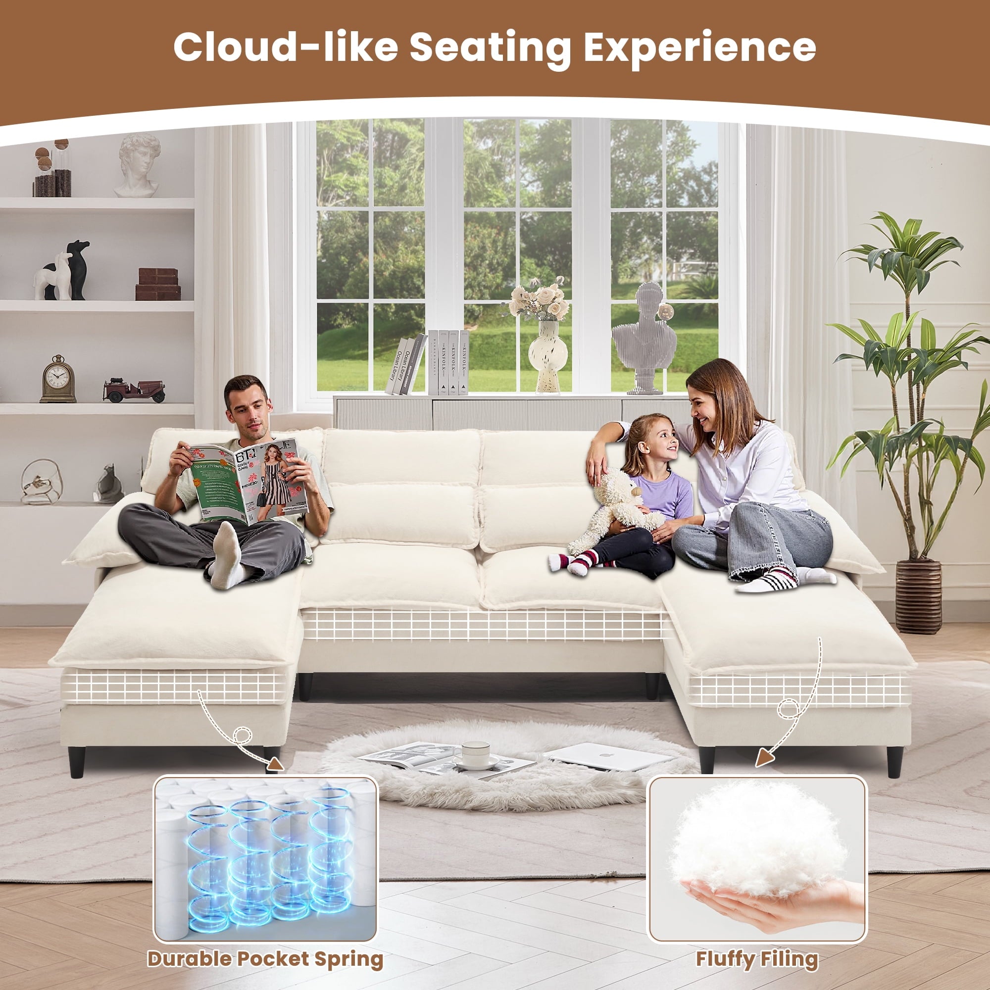 JONPONY109.45 U Shaped Couch,Oversized 4 Seat Sectional with 4 Waist Pillows, Convertible Upholstery Symmetrical Sofá,Sleeper Sofa Couch with Double Chaise Lounge &Memory Foam for Living Room, Beige