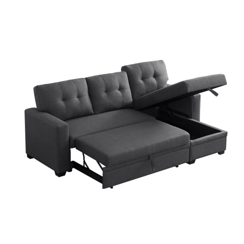 BSHTI L-Shaped Pull-Out Sleeper Sofa Bed with Storage Chaise, 3-Seater Convertible Corduroy Sectional Couch, Solid Wood & Iron Frame, Black