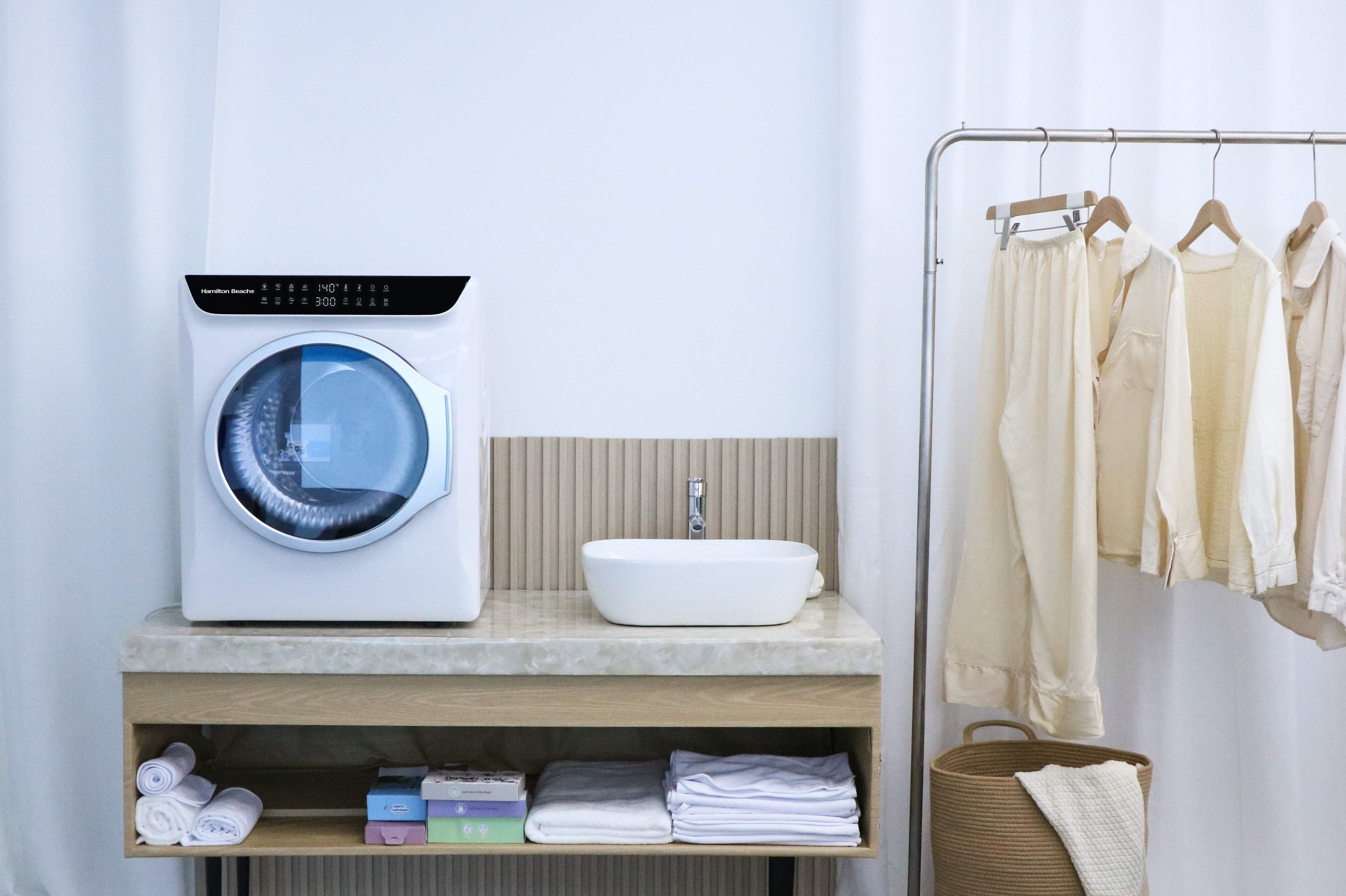 Hamilton Beach 13 lbs. Compact Tumble Dryer with Touchscreen Controls, 8 Drying Modes, Delay Start, Adjustable Heat Levels, Child Lock, Air-Vented Port, White