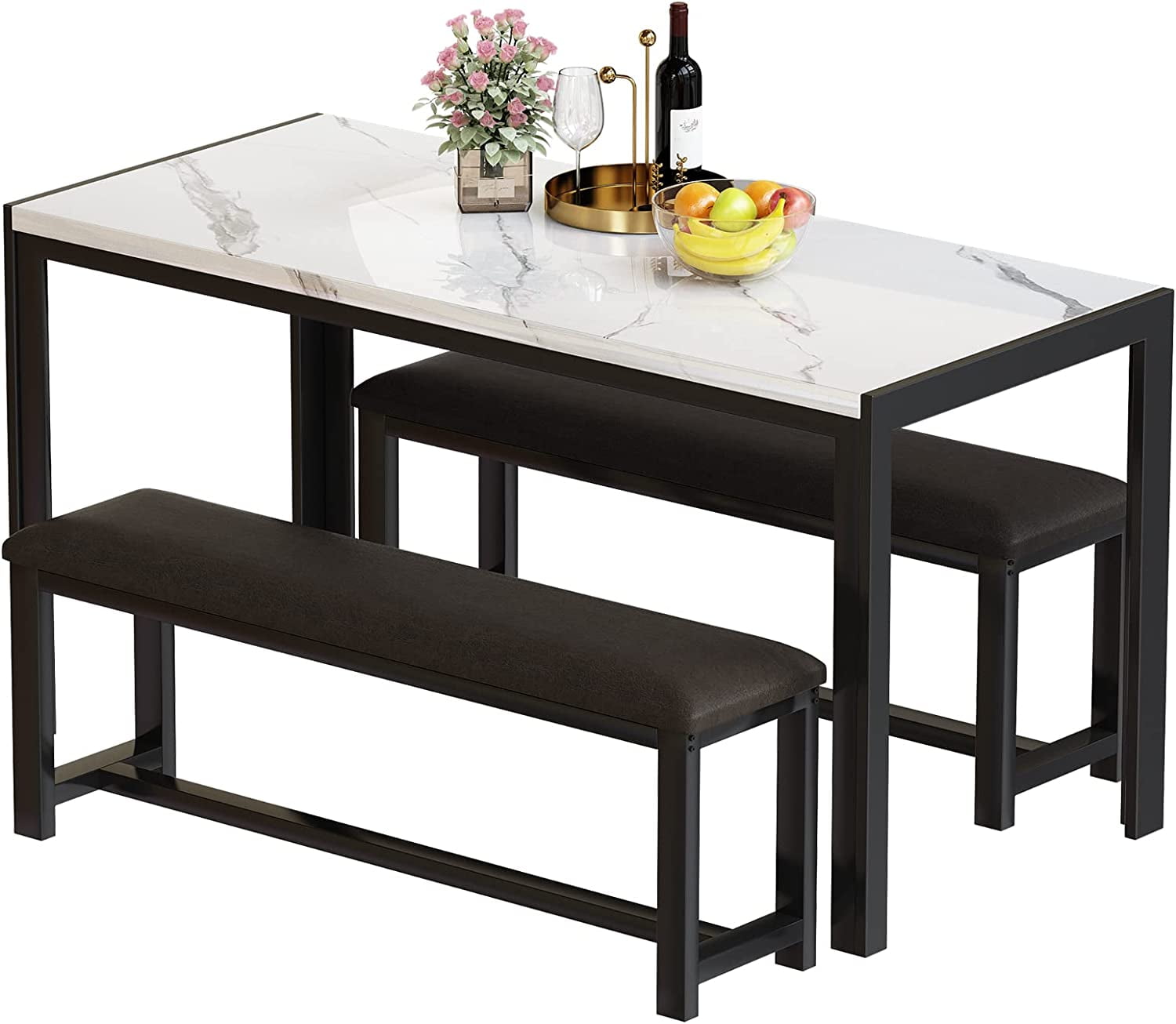 MIERES Kitchen Dining Set: Rectangular solid wood dining table with two benches, suitable for 2 to 4 people, small dining set, black