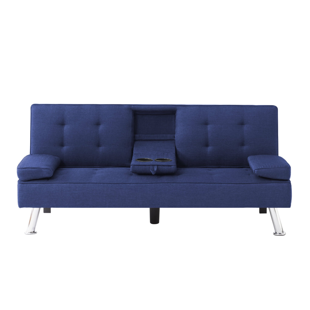 BSHTI 65 Modern Velvet Futon Sofa Bed with Drop Down Cup Holders, 3-Position Adjustable Backrest, Removable Arm Cushions, Chrome Legs for Living Room & Guest Room Black