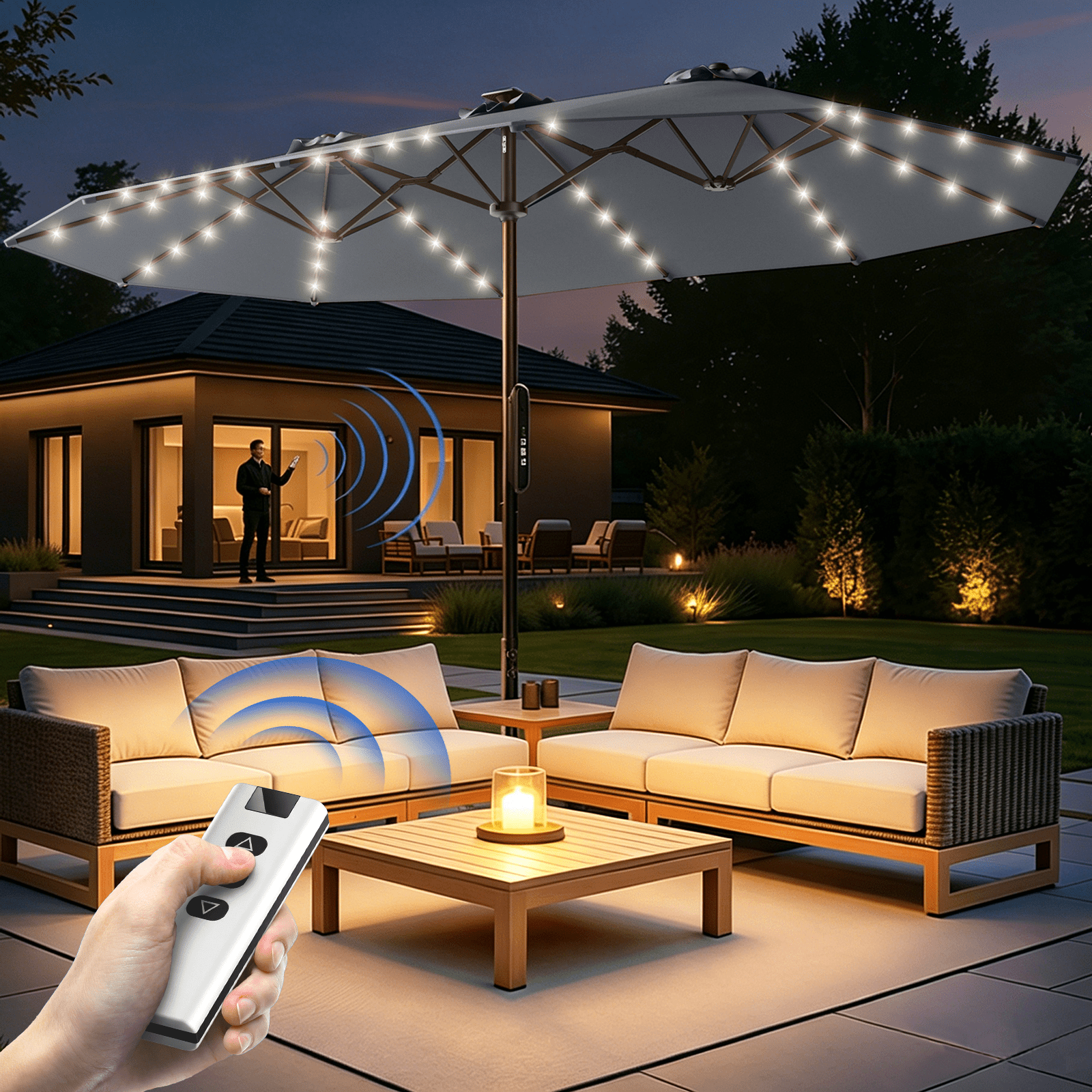 15ft Smart Electric Patio Umbrella, Large Double Sided Rectangular Outdoor Patio Umbrella with Light and Base for Lawn, Garden, Backyard,Beige