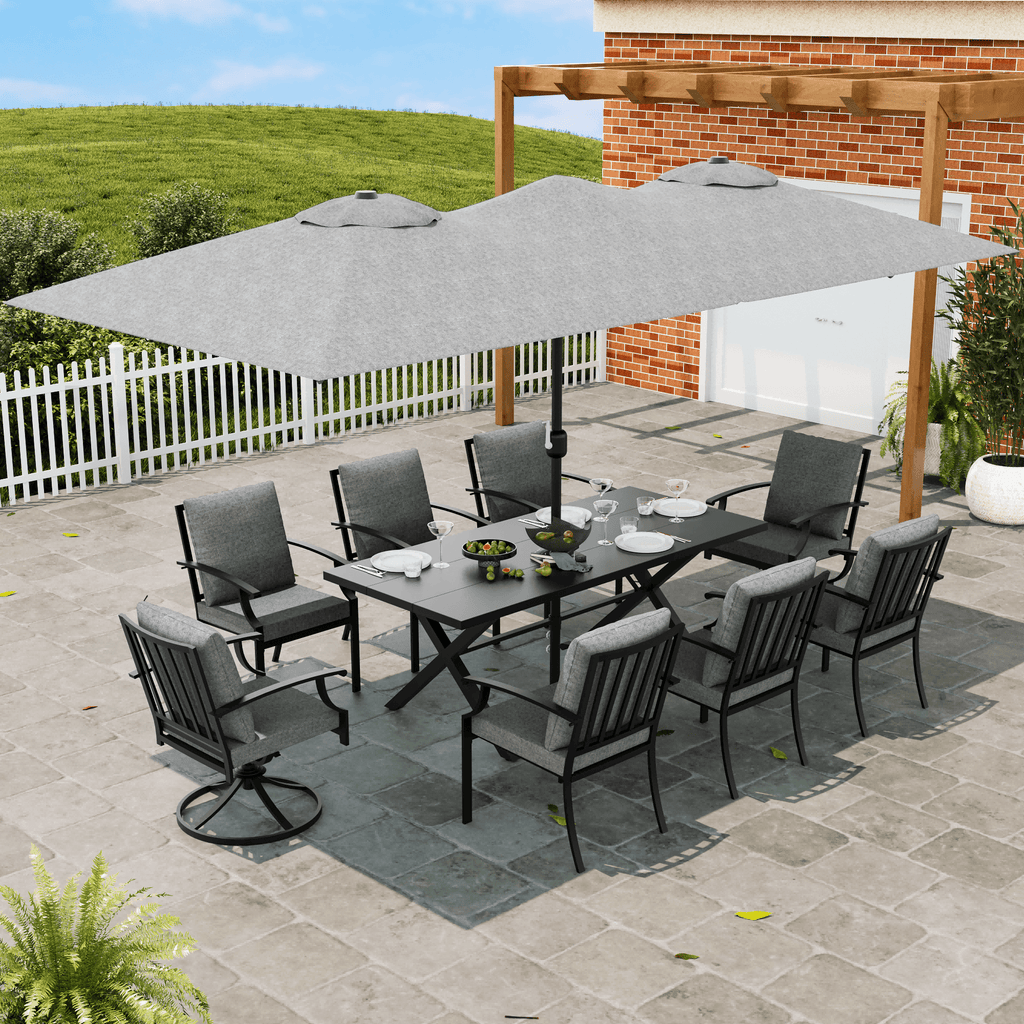 ALAULM 10 Piece Patio Dining Set w/14FT Umbrella, Metal Outdoor Furniture Set w/Rectangular table, 6 Fixed Chairs and 2 swivel rocking chairs for Patio, Backyard, Garden, Poolside（Grey）