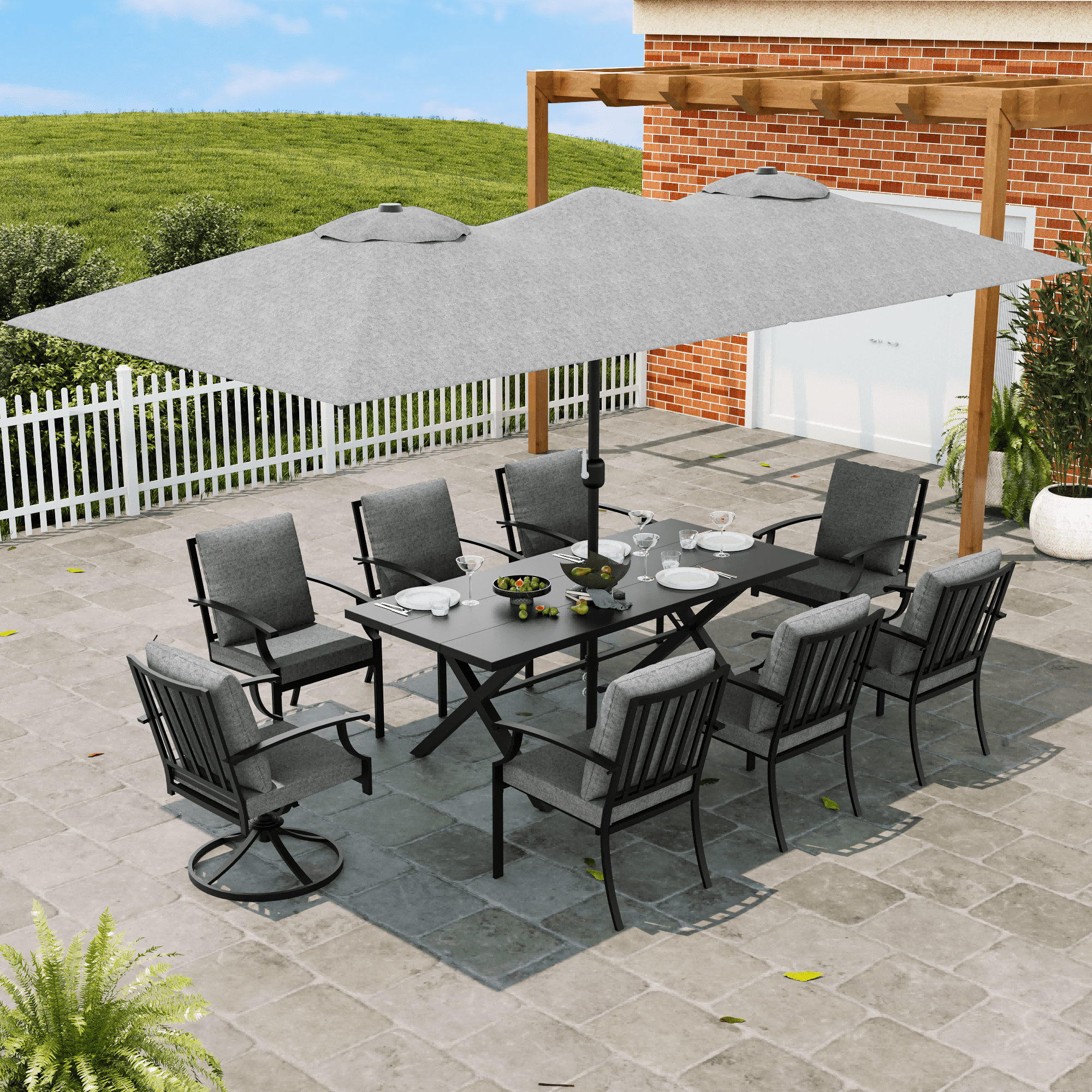 ALAULM 10 Piece Patio Dining Set w/14FT Umbrella, Metal Outdoor Furniture Set w/Rectangular table, 6 Fixed Chairs and 2 swivel rocking chairs for Patio, Backyard, Garden, Poolside（Grey）