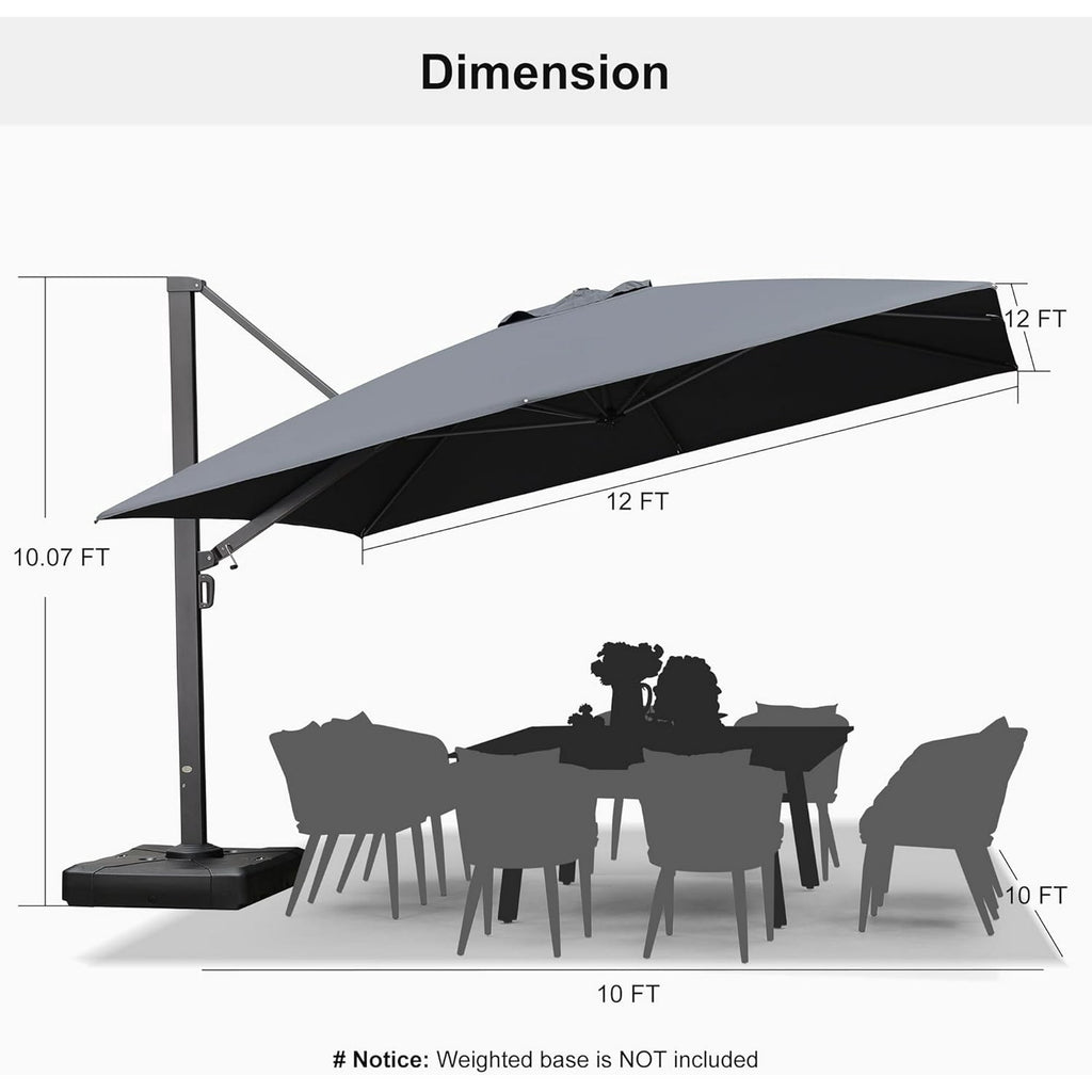 PURPLE LEAF 12 FT Outdoor Cantilever Umbrellas Square Aluminum Windproof Offset Umbrella with 360°Rotation Tilt Adjutable Garden Pool Large Patio Umbrella,Gray