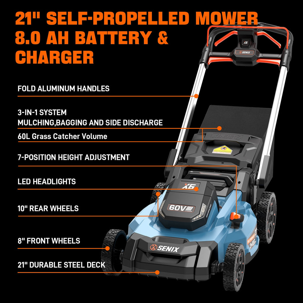 SENIX X6 60V 21 Self Propelled Lawn Mower , 8Ah Battery & Rapid 8A Charger, 3-in-1 Brushless, Smart LED Display, 7-Height Adjustment, 3-Mode, Variable Speed Push Mower