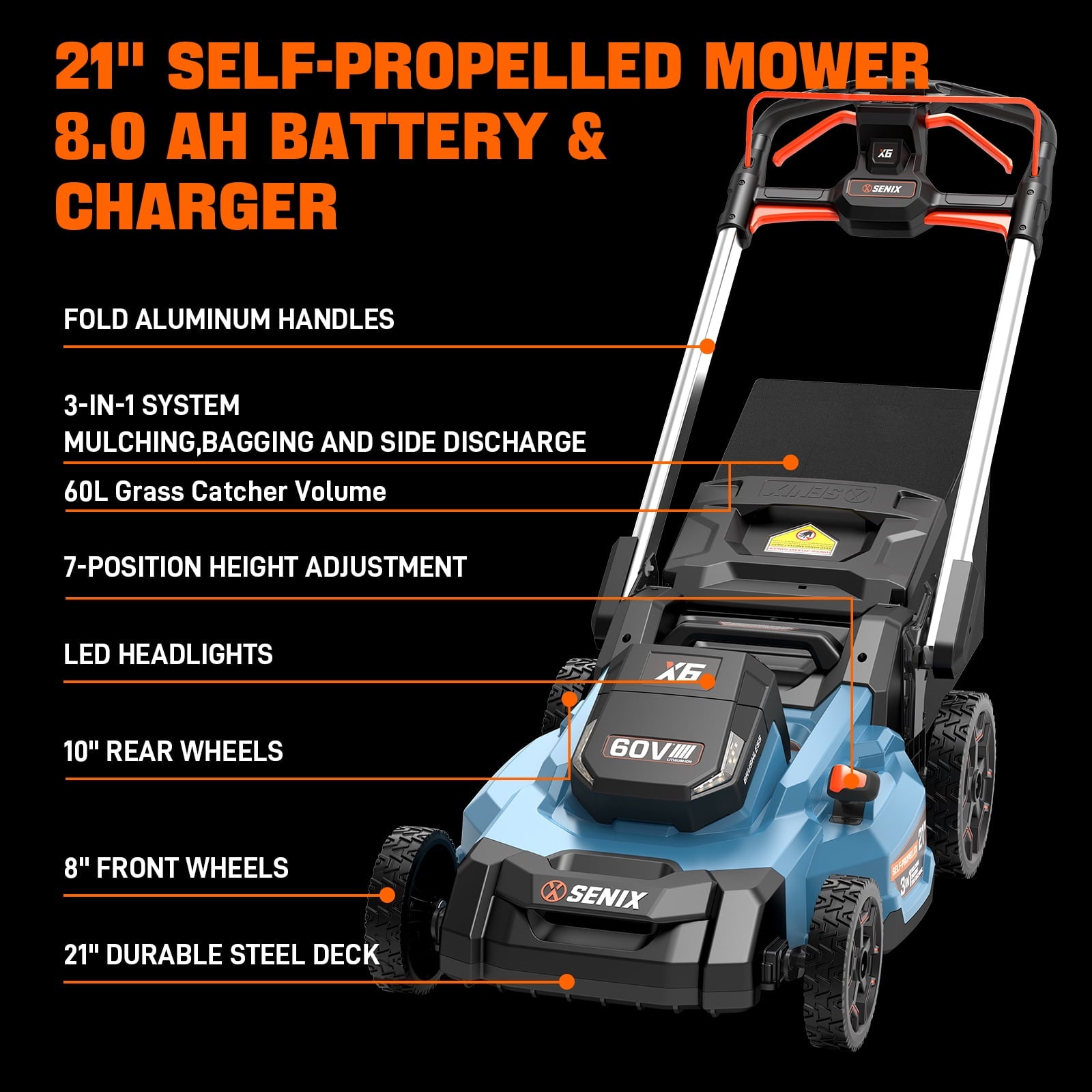SENIX X6 60V 21 Self Propelled Lawn Mower , 8Ah Battery & Rapid 8A Charger, 3-in-1 Brushless, Smart LED Display, 7-Height Adjustment, 3-Mode, Variable Speed Push Mower