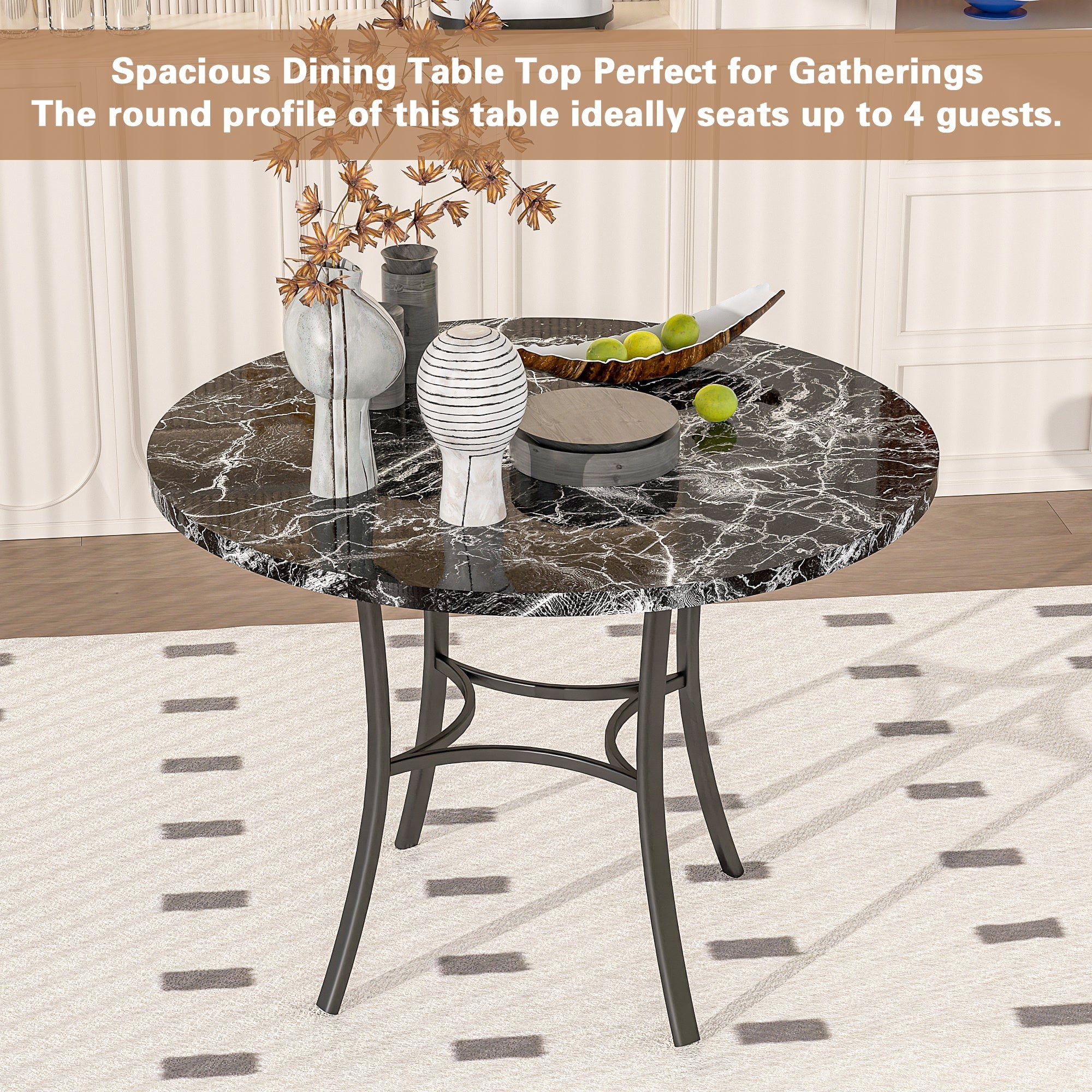 VECELO 5-Piece Dining Table Set, Modern Faux Marble Table and 4 Upholstered Chairs Set for 4, Round Dining Room Table Set for Small Space, Breakfast Nook, Apartment, Black