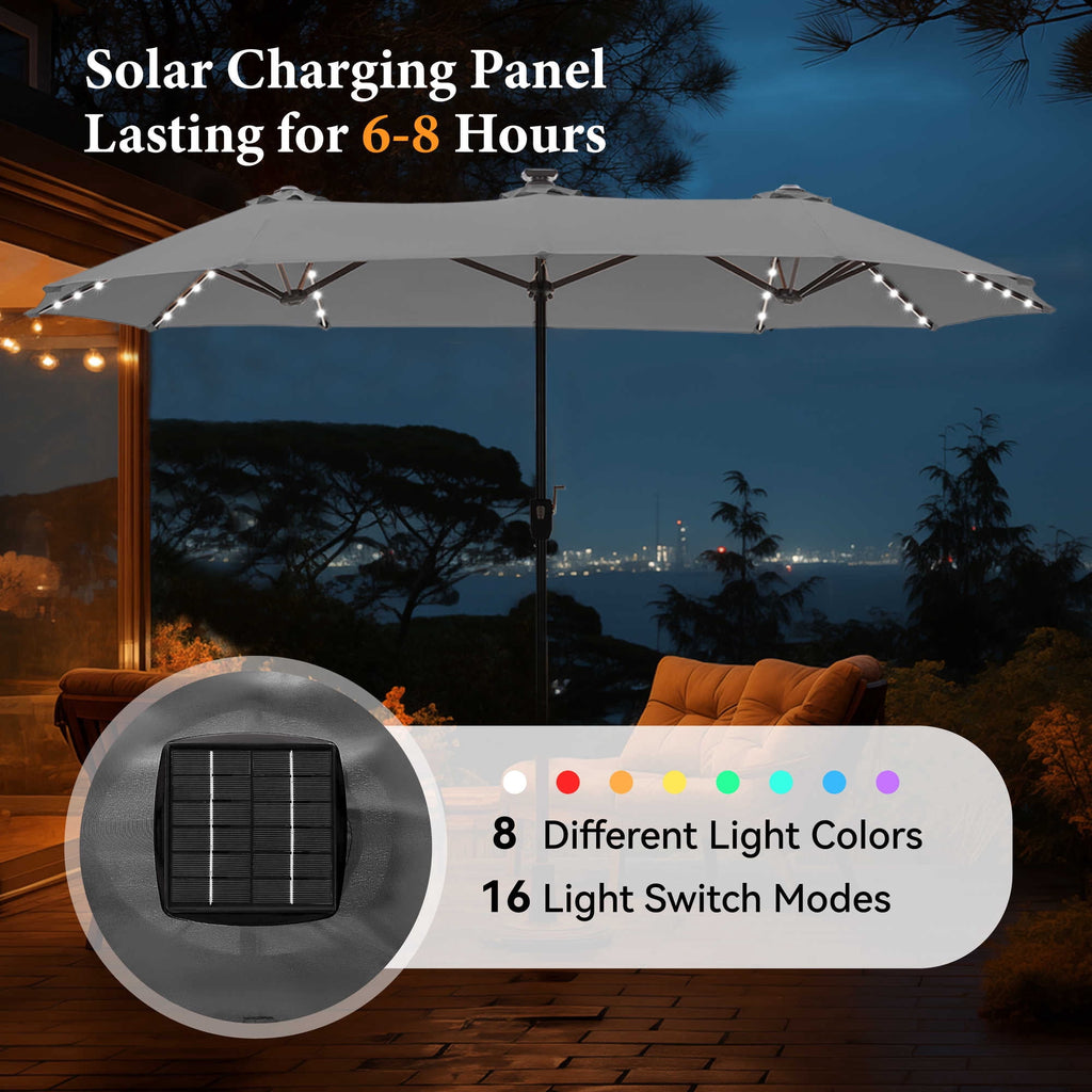 SUMMIT LIVING 13ft Large Patio Umbrella with Multi-Color LED Solar Lights Double-Sided Rectangular Outdoor Table Umbrella – Beige