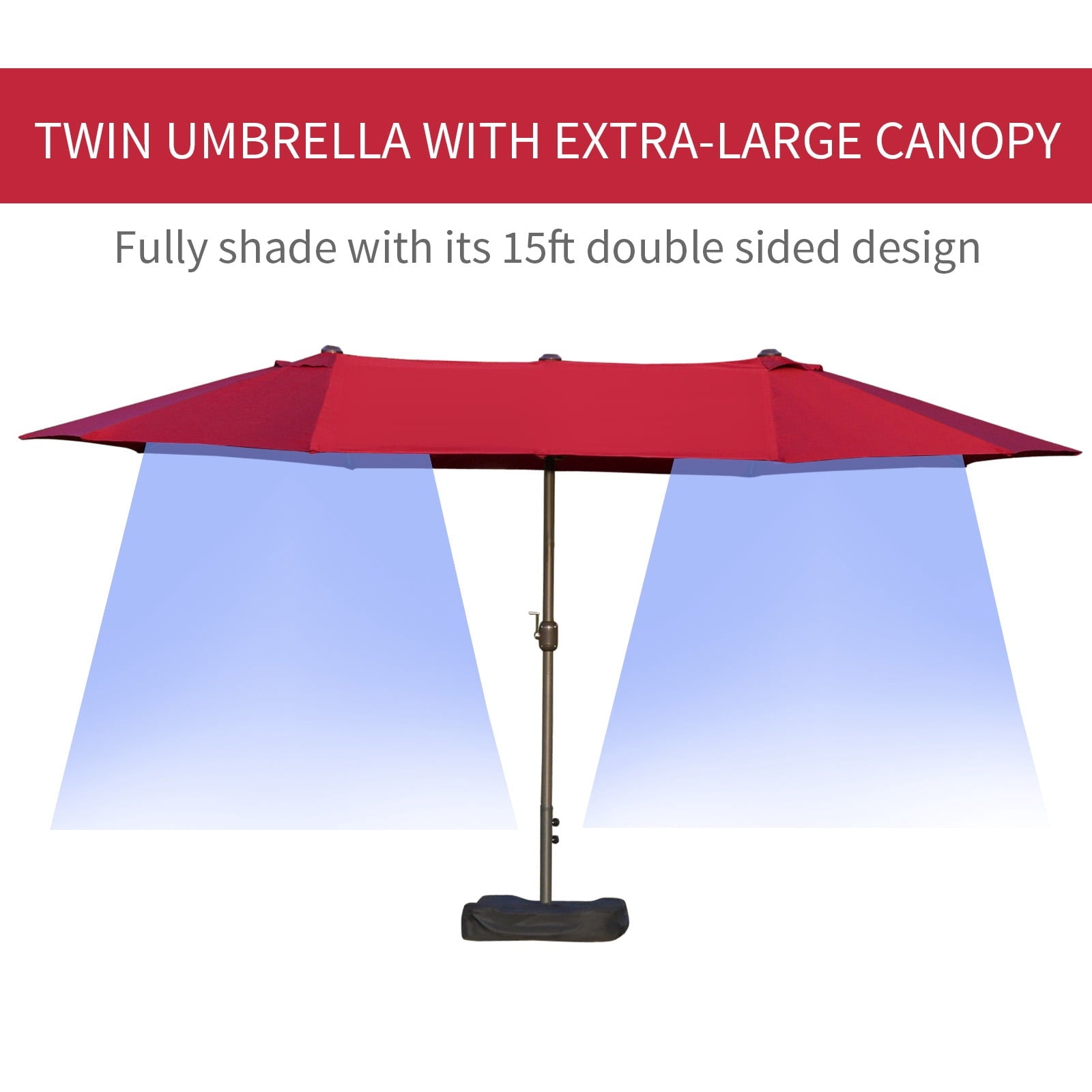 Outsunny Patio Umbrella 15' Steel Rectangular Outdoor Double Sided Market with base, Sun Protection & Easy Crank for Deck Pool Patio, Beige