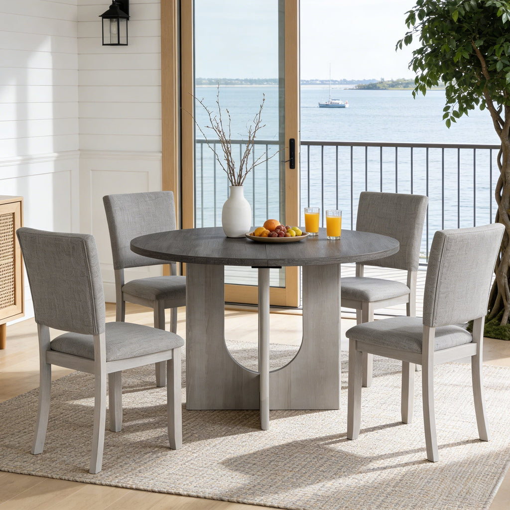 Leovanni Modern 48 5-Piece Solid Wood Dining Table Set with 4 Upholstered Chairs, Rectangular Kitchen & Dining Room Set, Natural