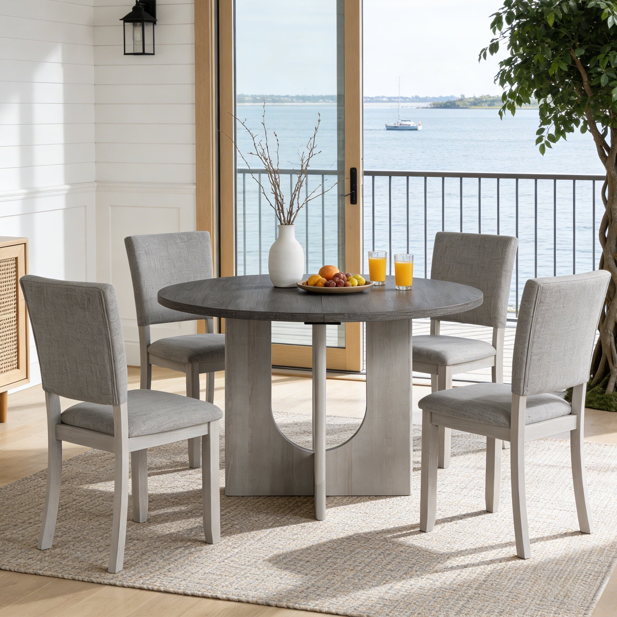 Leovanni Modern 48 5-Piece Solid Wood Dining Table Set with 4 Upholstered Chairs, Rectangular Kitchen & Dining Room Set, Natural