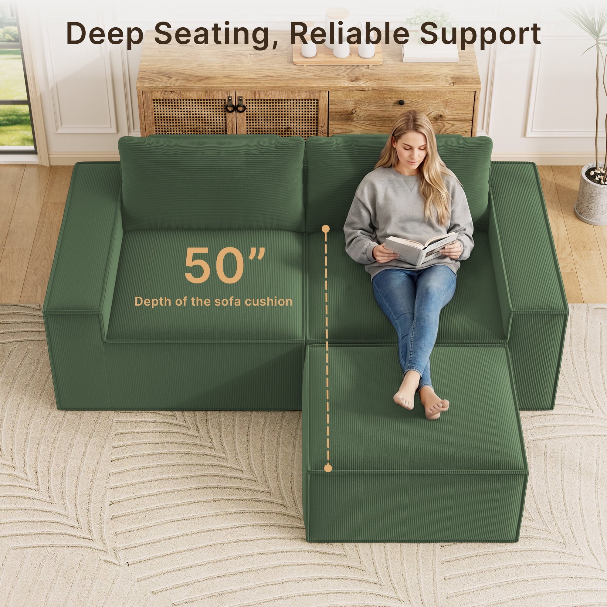 Comfortable Sofa Couch, Lofka L Shaped Foam Couch for Office, Living Room, Green