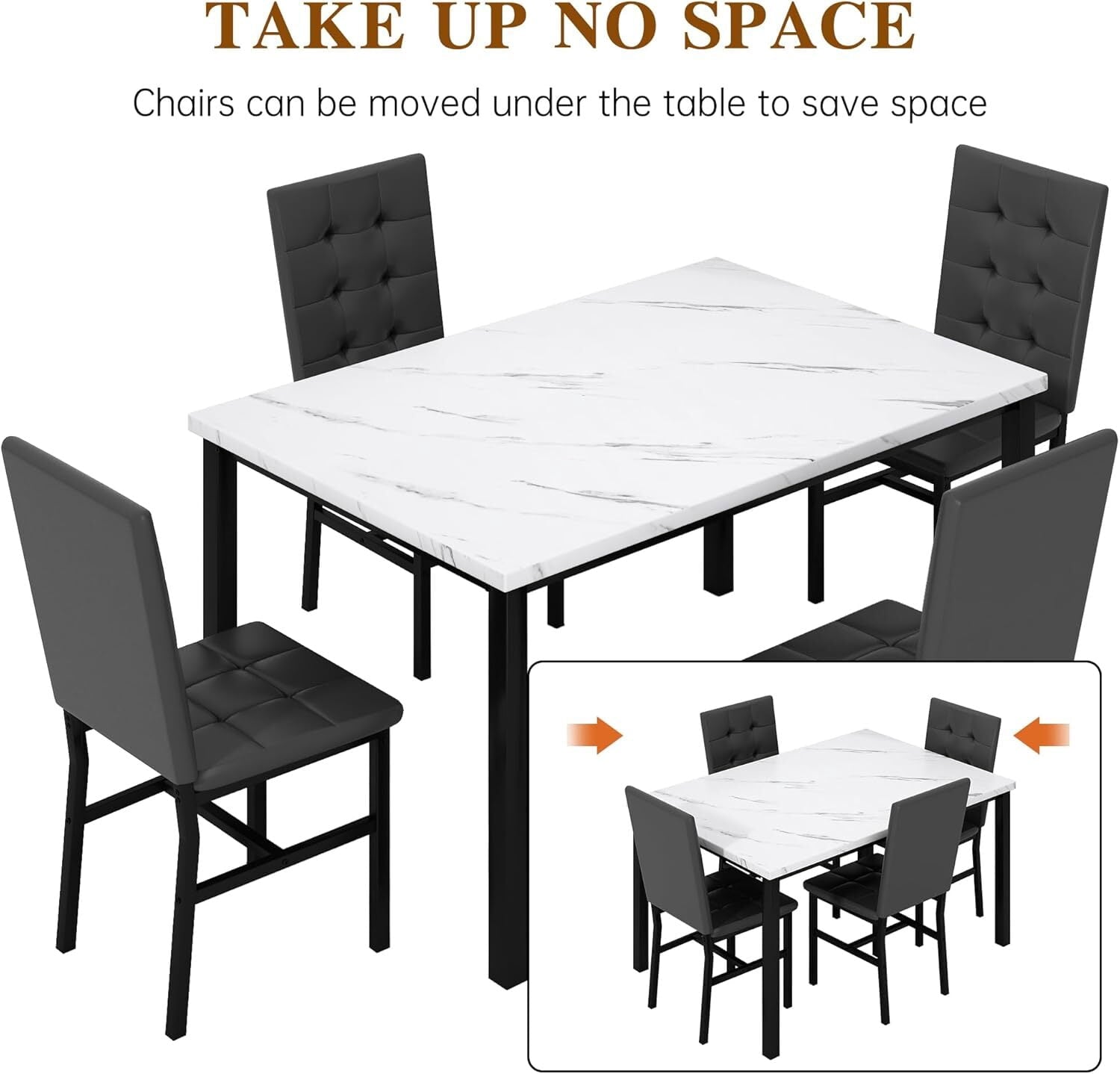 MOOSENG 5-Piece Dining Table Set with Faux Marble Top, Modern Kitchen Table and Set of 4 Grey Velvet Upholstered Chairs, Space-Saving Dinette Set for Small Spaces