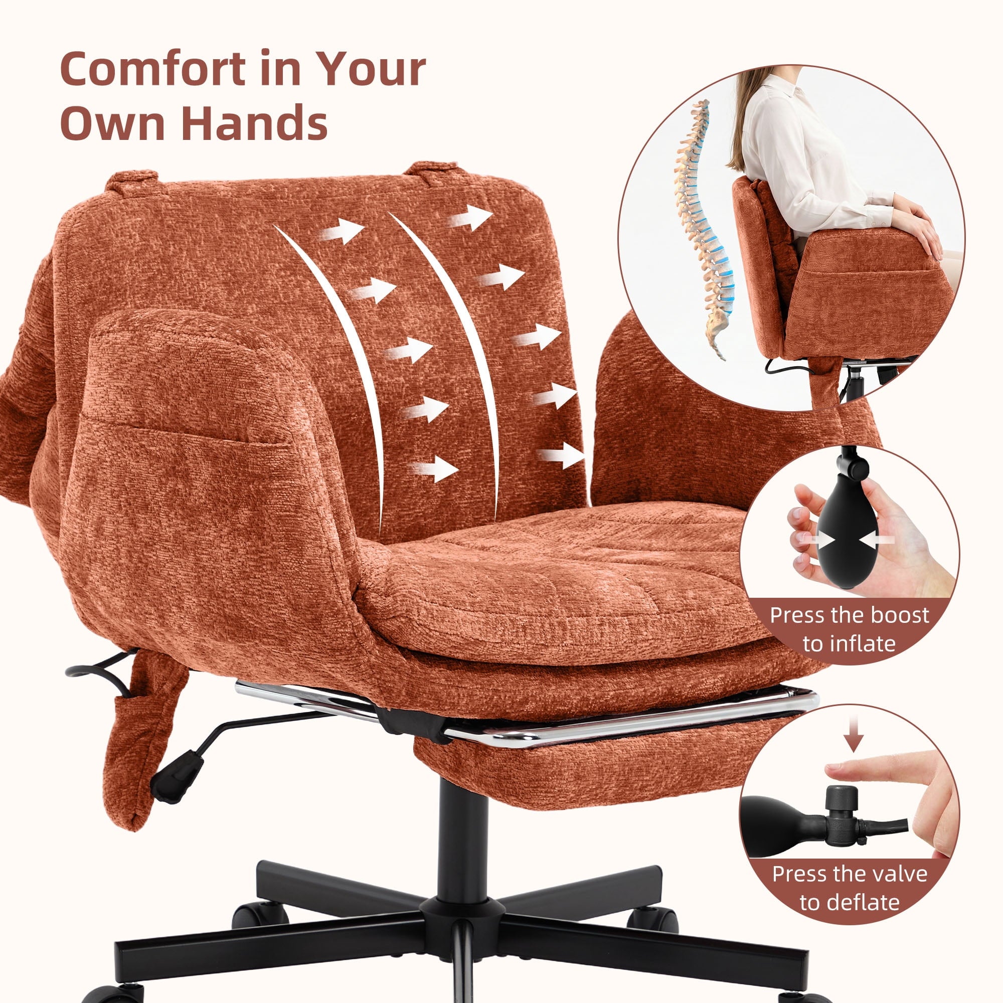 Hforesty Cross Legged Office Chair, Inflatable Flip-up Back & Wide Seat, 5-Position Armrests & Footrest, Ergonomic Task Chair for Home Office, Gray