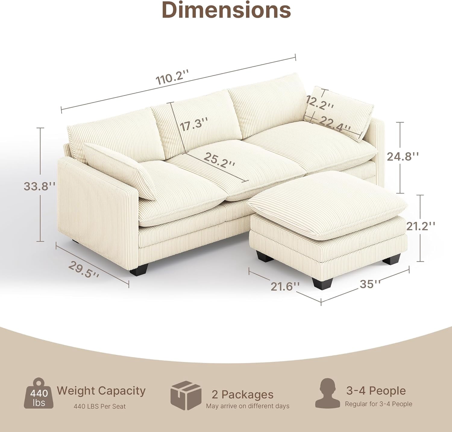 Noelse 110'' Oversized L Shaped Couch for Living Room, Cloud Couches with Washable Corduroy Cover, Modern 4-Seater Comfy Deep-Seat Sofa with Movable Ottoman and 2 Throw Pillows for Apartment, Beige