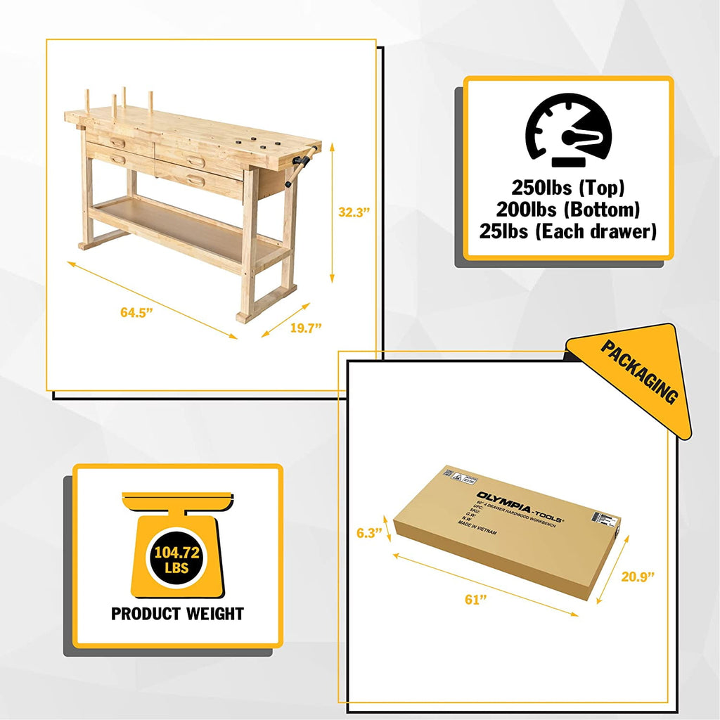 Olympia Tools 48-inch Wood Workbench - 330 lbs Weight Capacity Wooden Workbench for Garage, Workshop and Home - Acacia Woodworking Bench