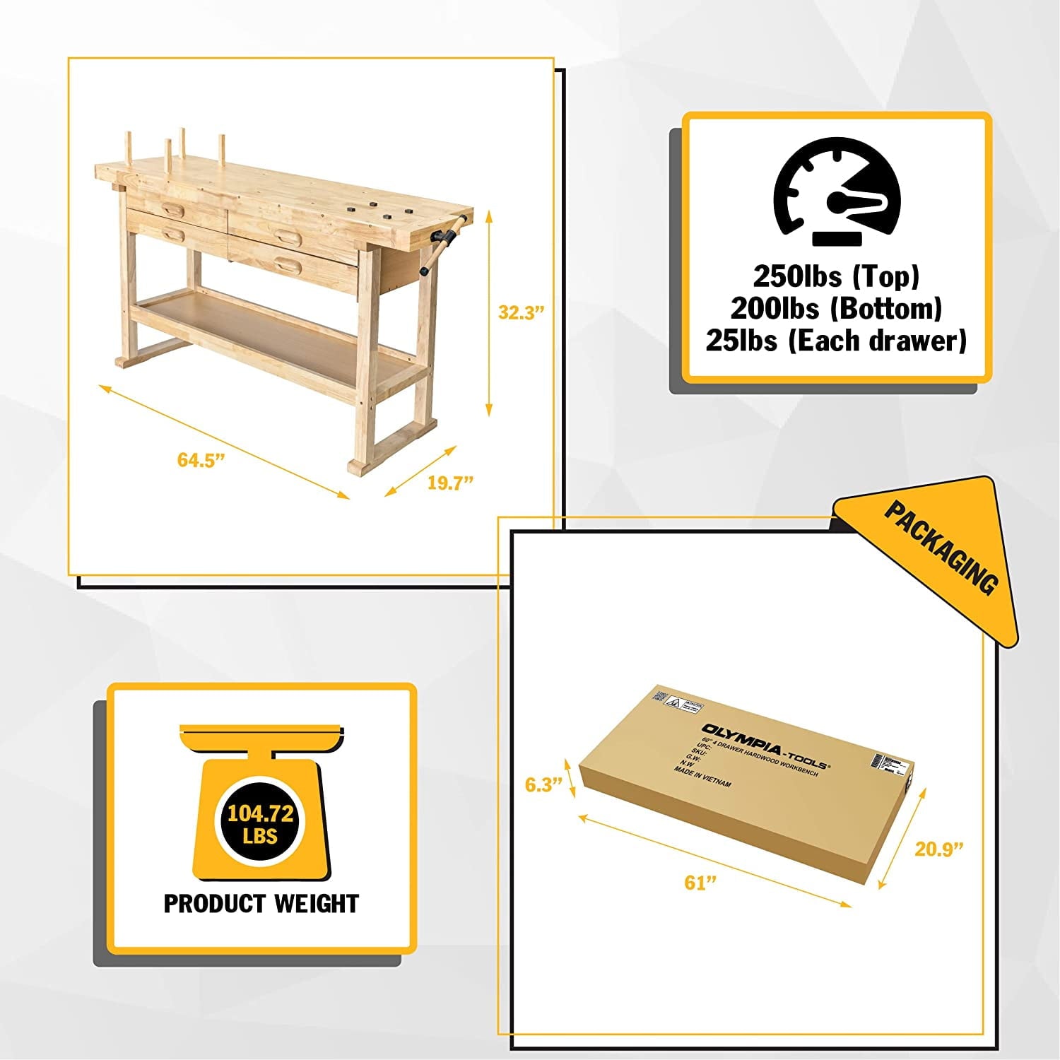 Olympia Tools 48-inch Wood Workbench - 330 lbs Weight Capacity Wooden Workbench for Garage, Workshop and Home - Acacia Woodworking Bench