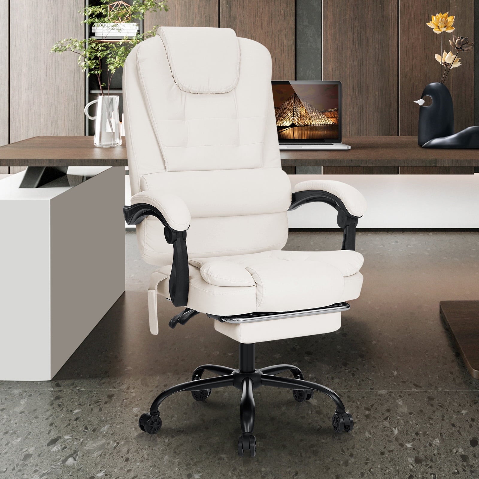 Hoffree Executive Office Chair Massage and Footrest Ergonomic Computer Desk Chair Reclining High Back Leather Office Chair Lumbar Back Support Swivel Rolling for Home Office Black