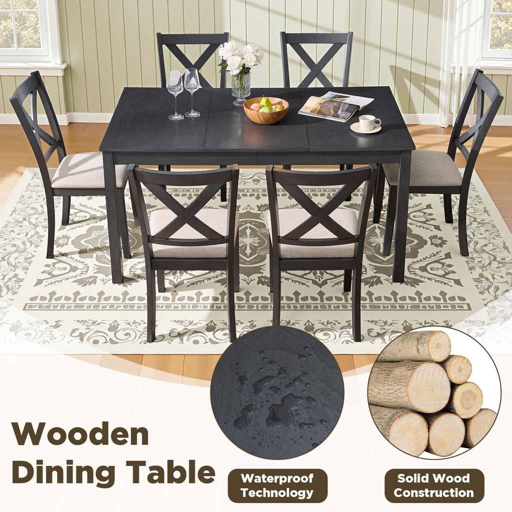 Merluxy 7-Piece Solid Wood Dining Table Set, 60 Farmhouse Dining Table with 6 Chairs, Dining Table Set for 6, Kitchen & Dining Room, Rustic Cream