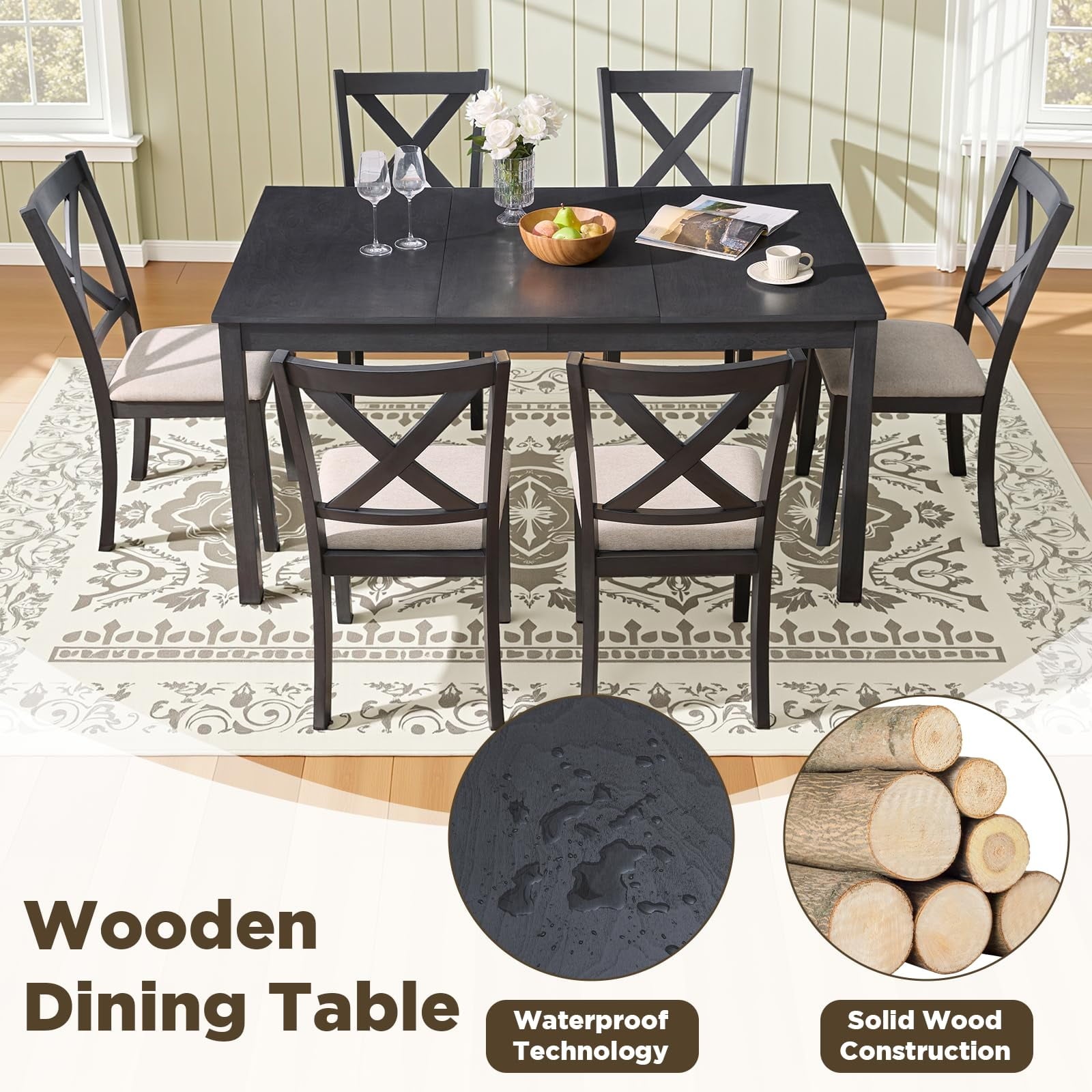 Merluxy 7-Piece Solid Wood Dining Table Set, 60 Farmhouse Dining Table with 6 Chairs, Dining Table Set for 6, Kitchen & Dining Room, Rustic Cream