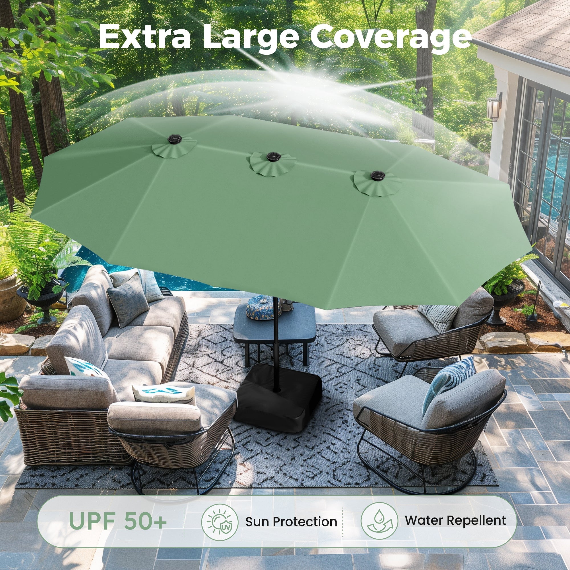 Alpha Joy 15ft Extra Large Outdoor Patio Double-Sided Umbrella with LED Solar Lights & Umbrella Base, Beige